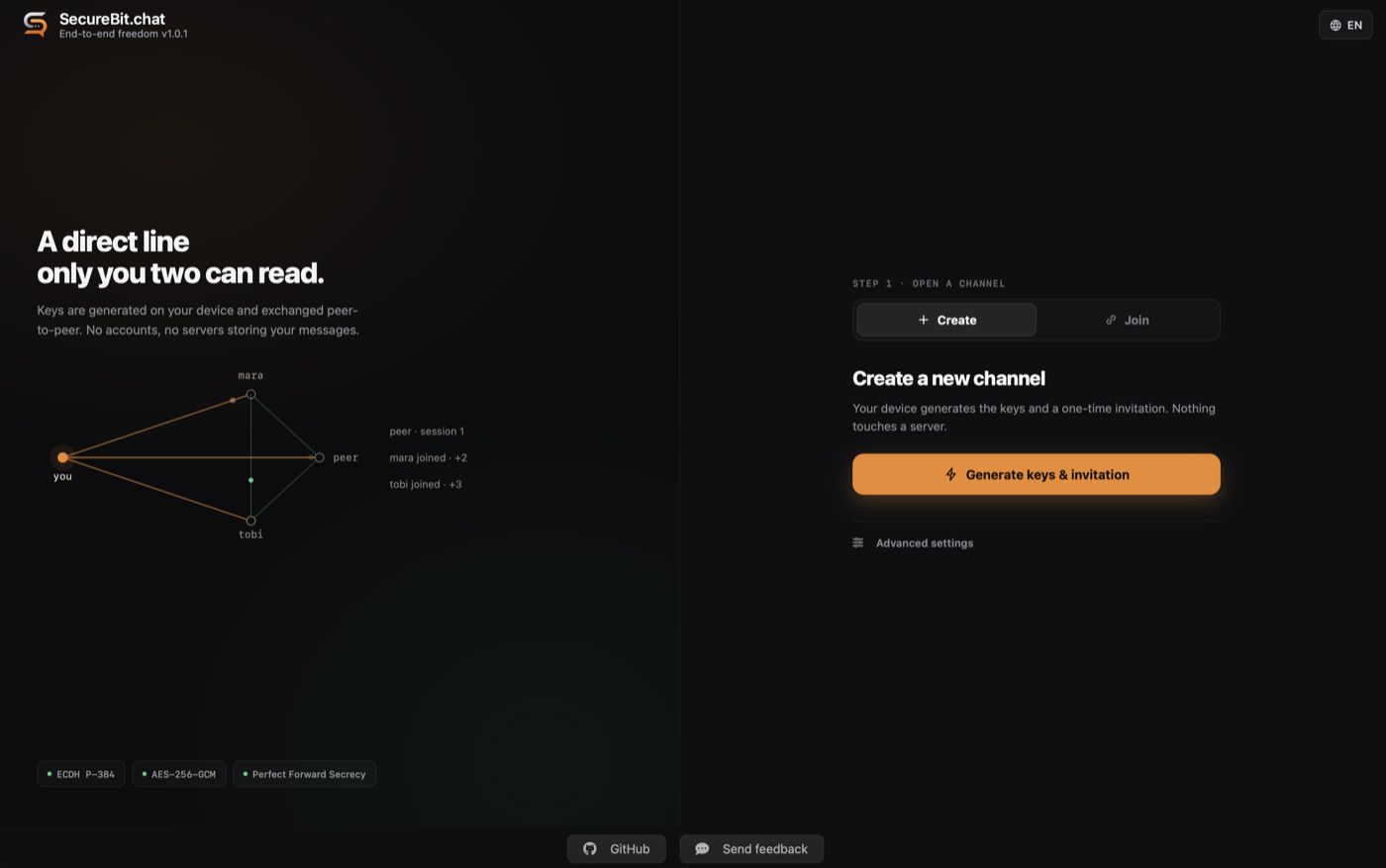 The landing page, with the option to create a channel or join one with an invitation