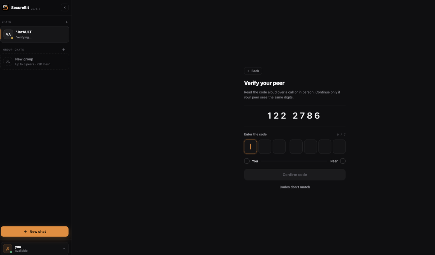 The Verify your peer screen: a seven-digit safety code to read aloud, boxes to type it in, and You and Peer confirmation marks