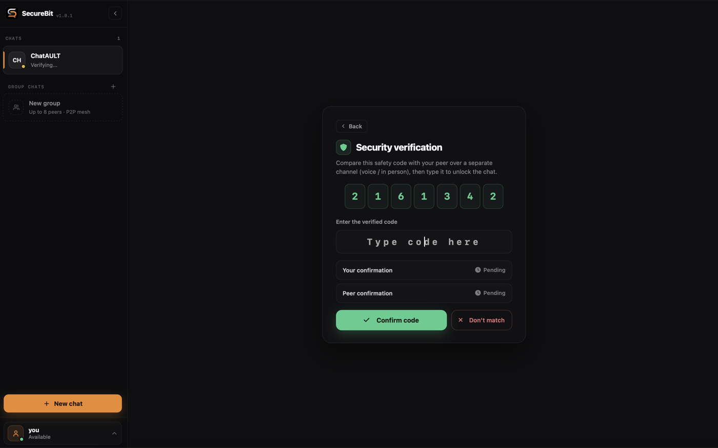 The security verification screen, showing a seven-digit safety code to compare with the other person