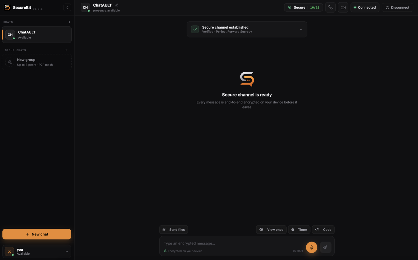 An open chat, header showing Secure 10/10, Connected, and a verified channel with perfect forward secrecy