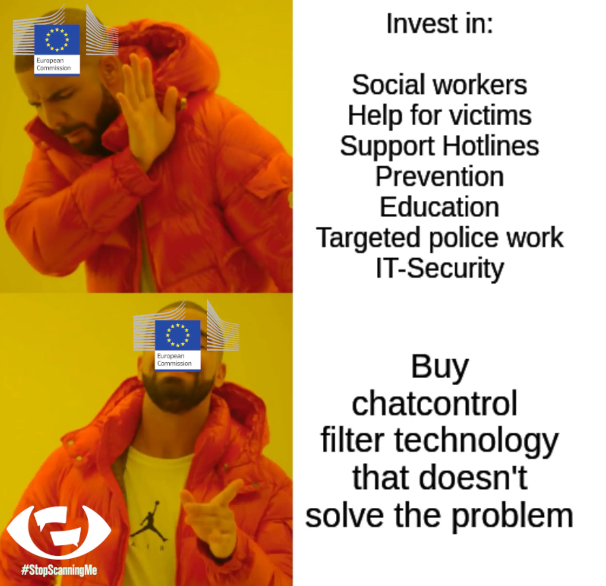 A popular No Yes meme, with the face replaced with the European Commission logo. In the No-part is: "Invest in: social workers, help for victims, support hotlines, prevention, education, targeted police work, IT-security", and in the Yes-part below is: "Buy Chat Control filter technology that doesn't solve the problem".