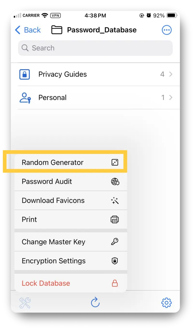 Screenshot from the iOS app showing the tool menu from within a database. The menu shows options for "Random Generator", "Password Audit", "Download Favicons", "Print", "Change Master Key", "Encryption Settings", and "Lock Database".