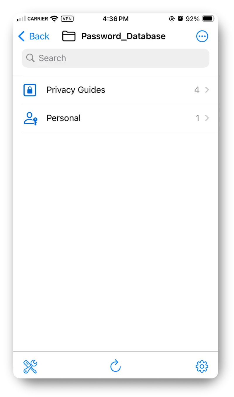 Screenshot from the iOS app showing different groups created within a database.