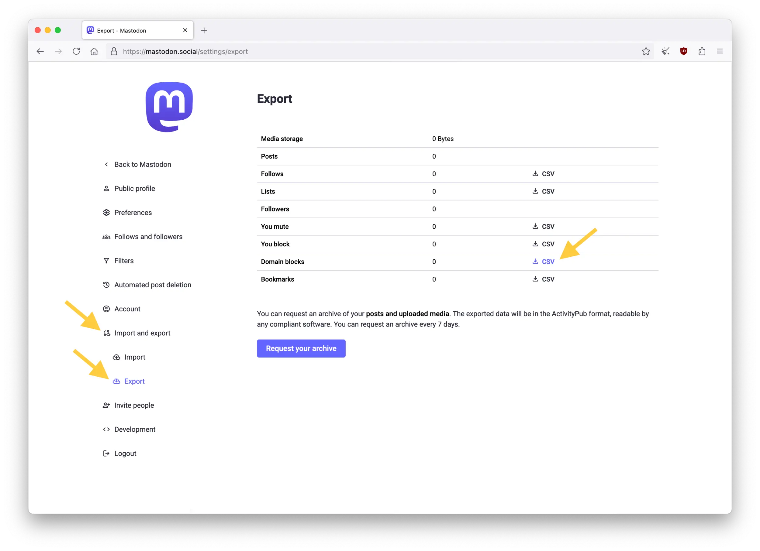 Screenshot of the Mastodon web interface showing the Export page in Preferences.