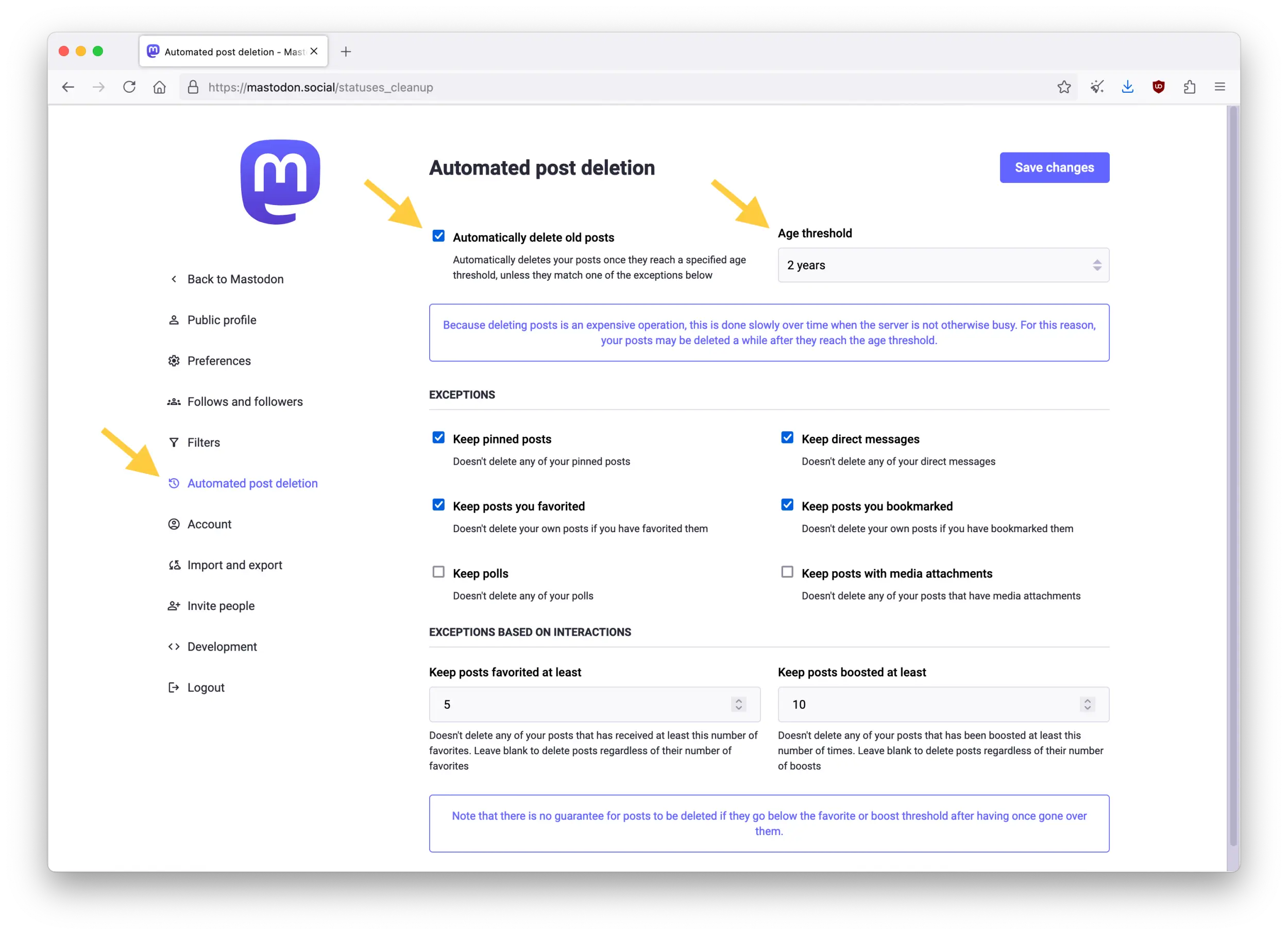 Screenshot of the Mastodon web interface showing the Automated post deletion page in Preferences.