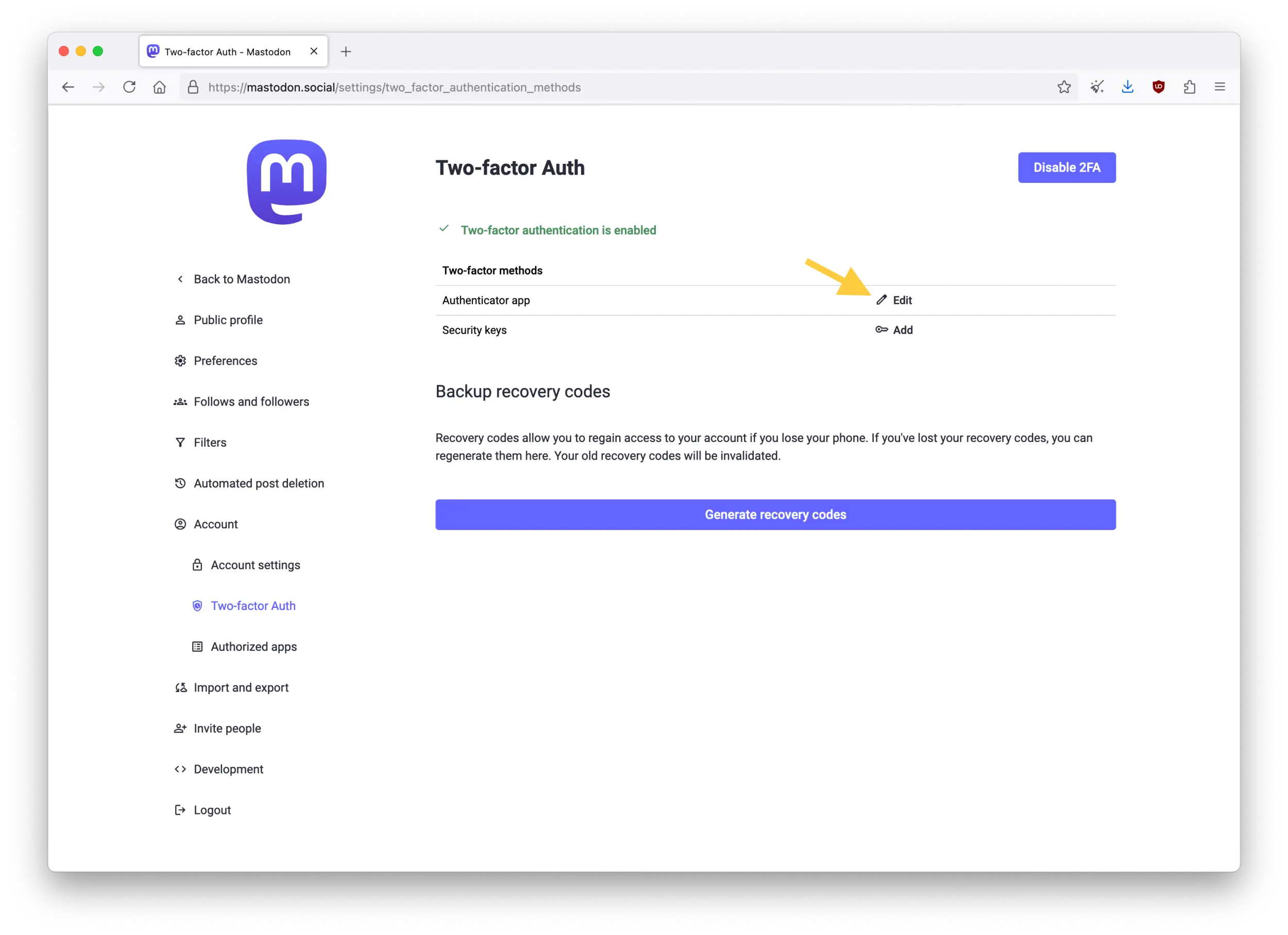 Screenshot of the Mastodon web interface showing the Two-factor Auth page in Preferences. The page displays a confirmation message that authentication is enabled, and options to "Edit", "Add", or "Disable 2FA" methods.