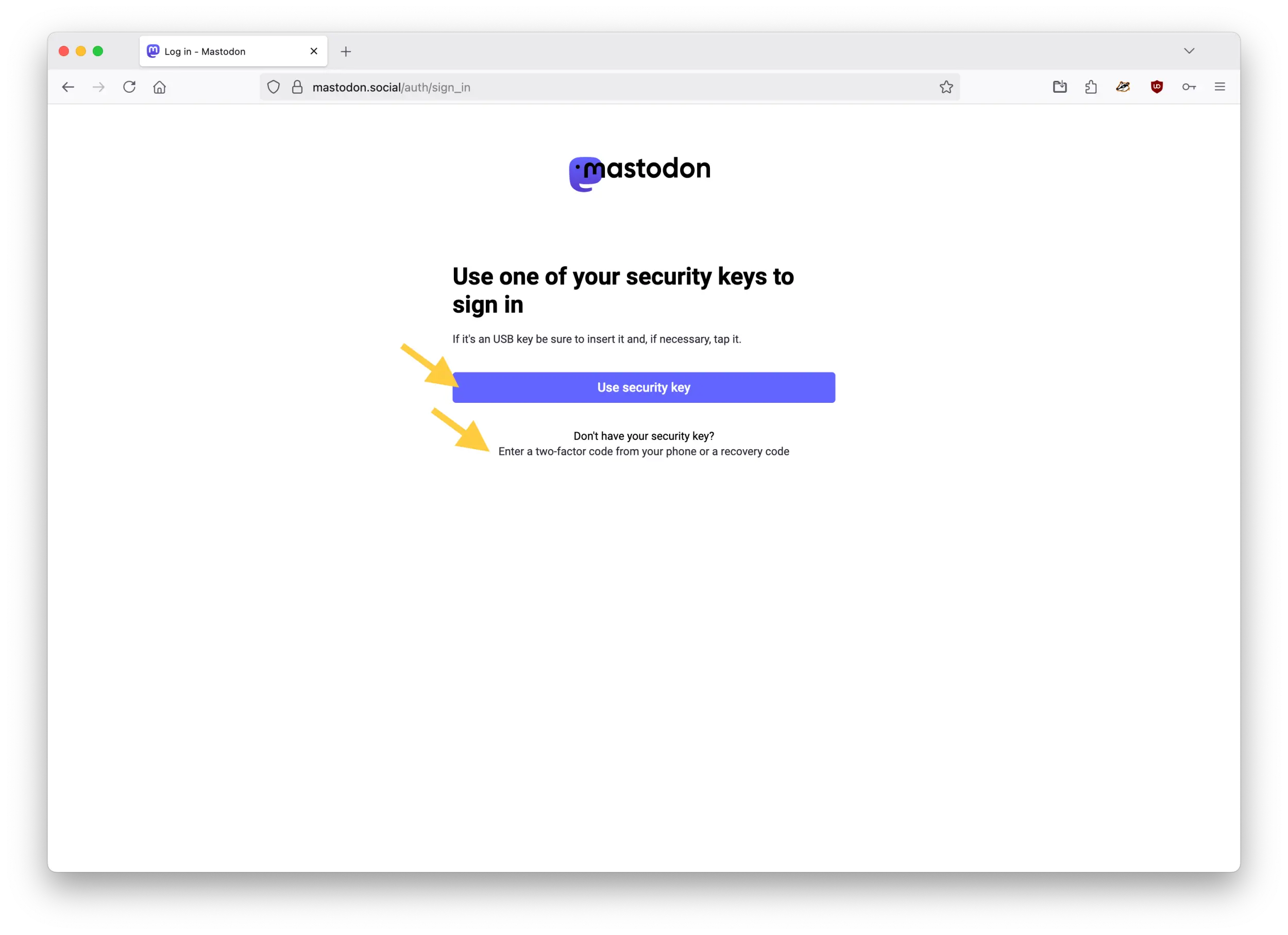 Screenshot of the Mastodon web interface showing the login page for the second factor of authentication. The page gives the option to "Use security key" or "Enter a two-factor code from your phone or a recovery code".