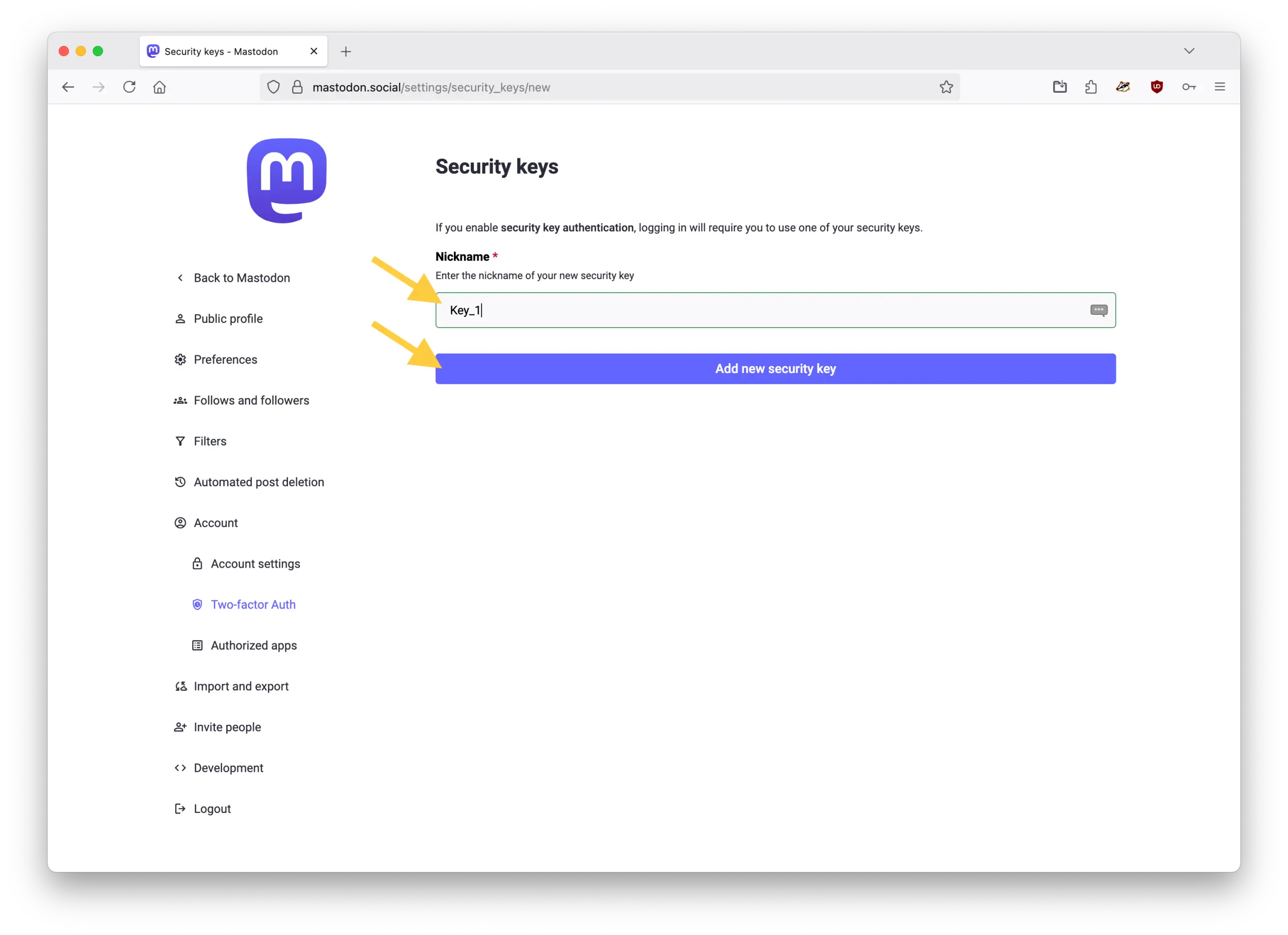 Screenshot of the Mastodon web interface showing the Security keys page in Preferences.