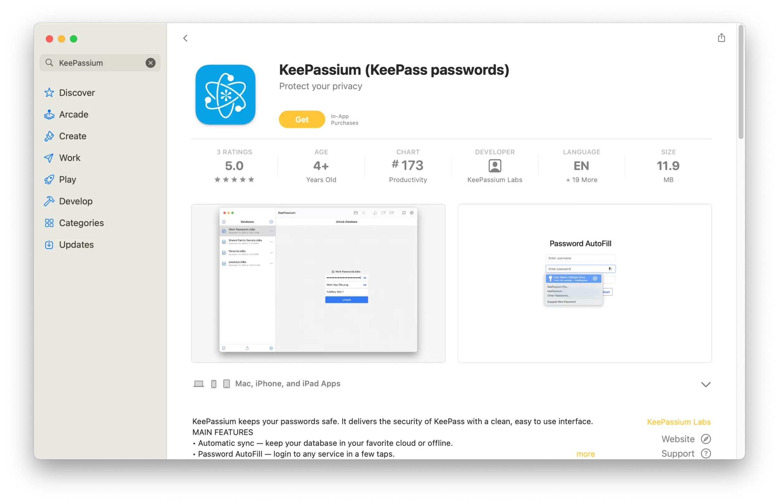 Screenshot from Apple's App Store on macOS showing the KeePassium page.