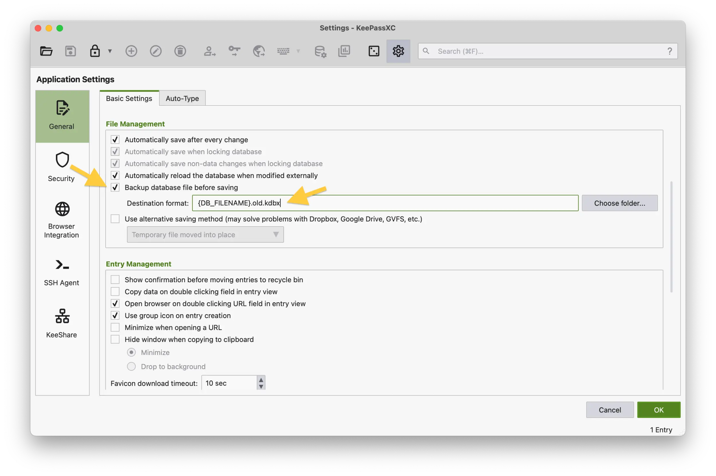 Screenshot of the KeePassXC application showing the Settings General section with the Backup database file before saving checkbox checked.
