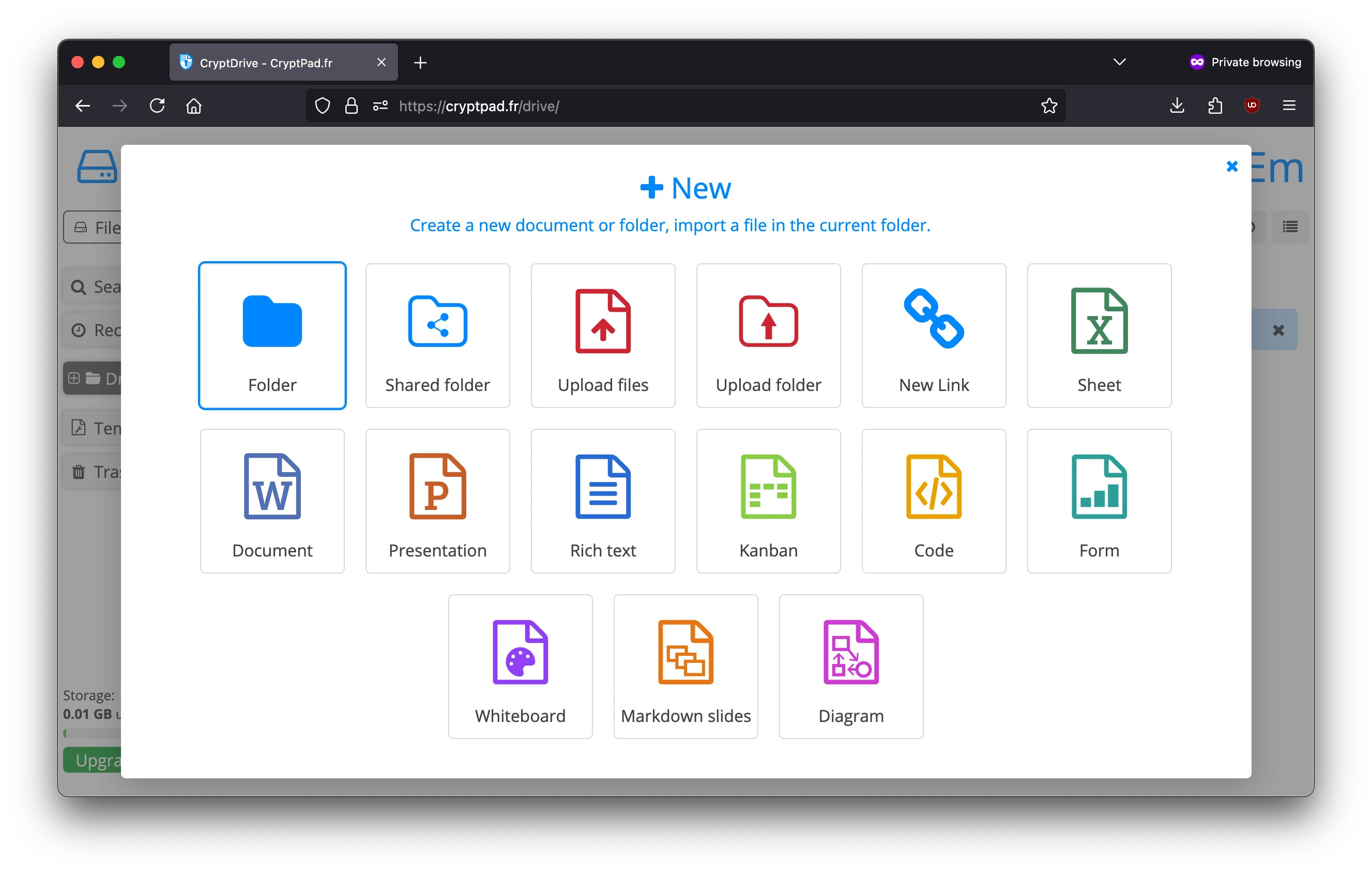 Screenshot from the CryptPad new document popup showing all the types of document that can be created.