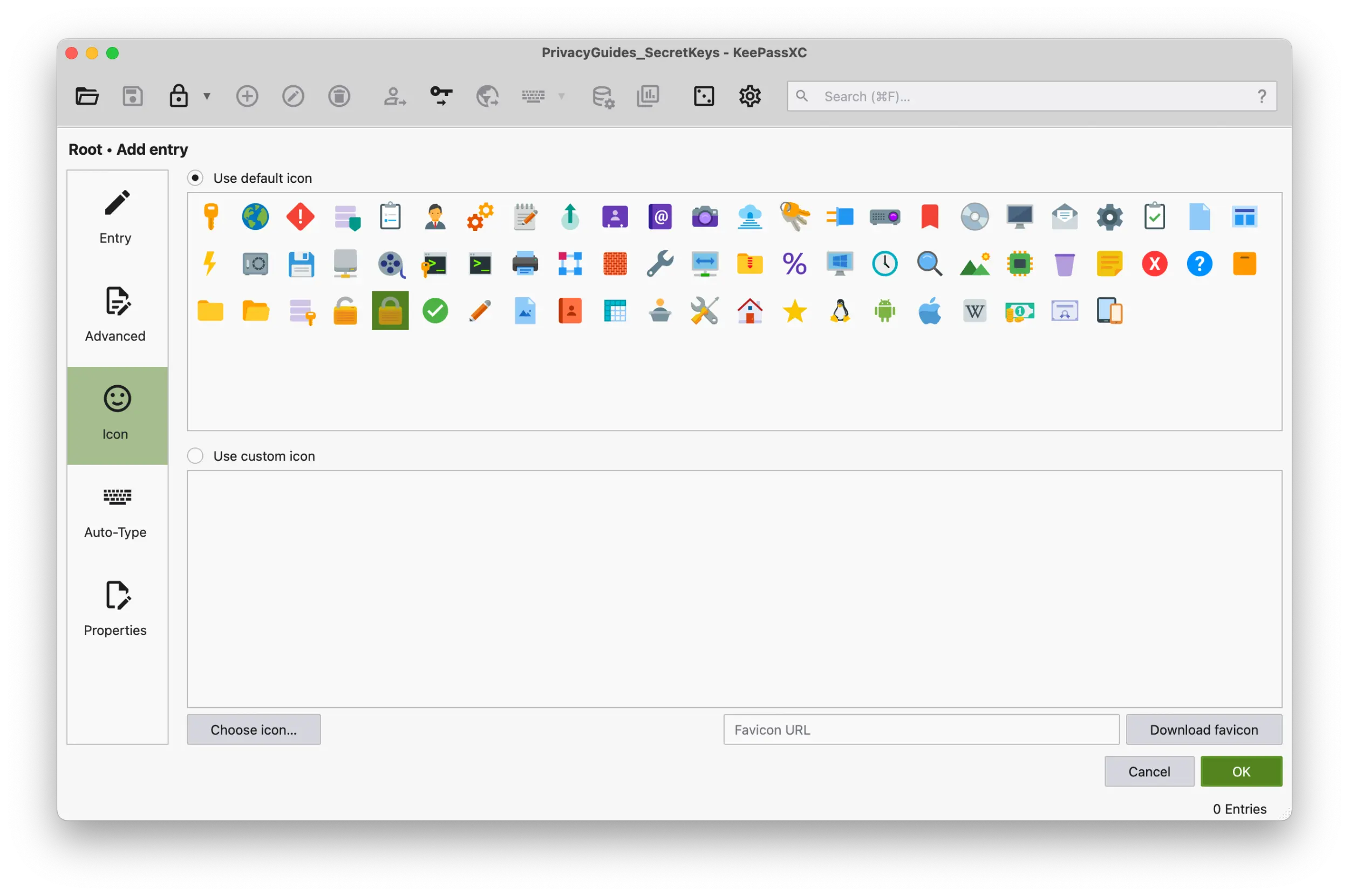 Screenshot of the KeePassXC application showing the Add entry section in the Icon subsection.