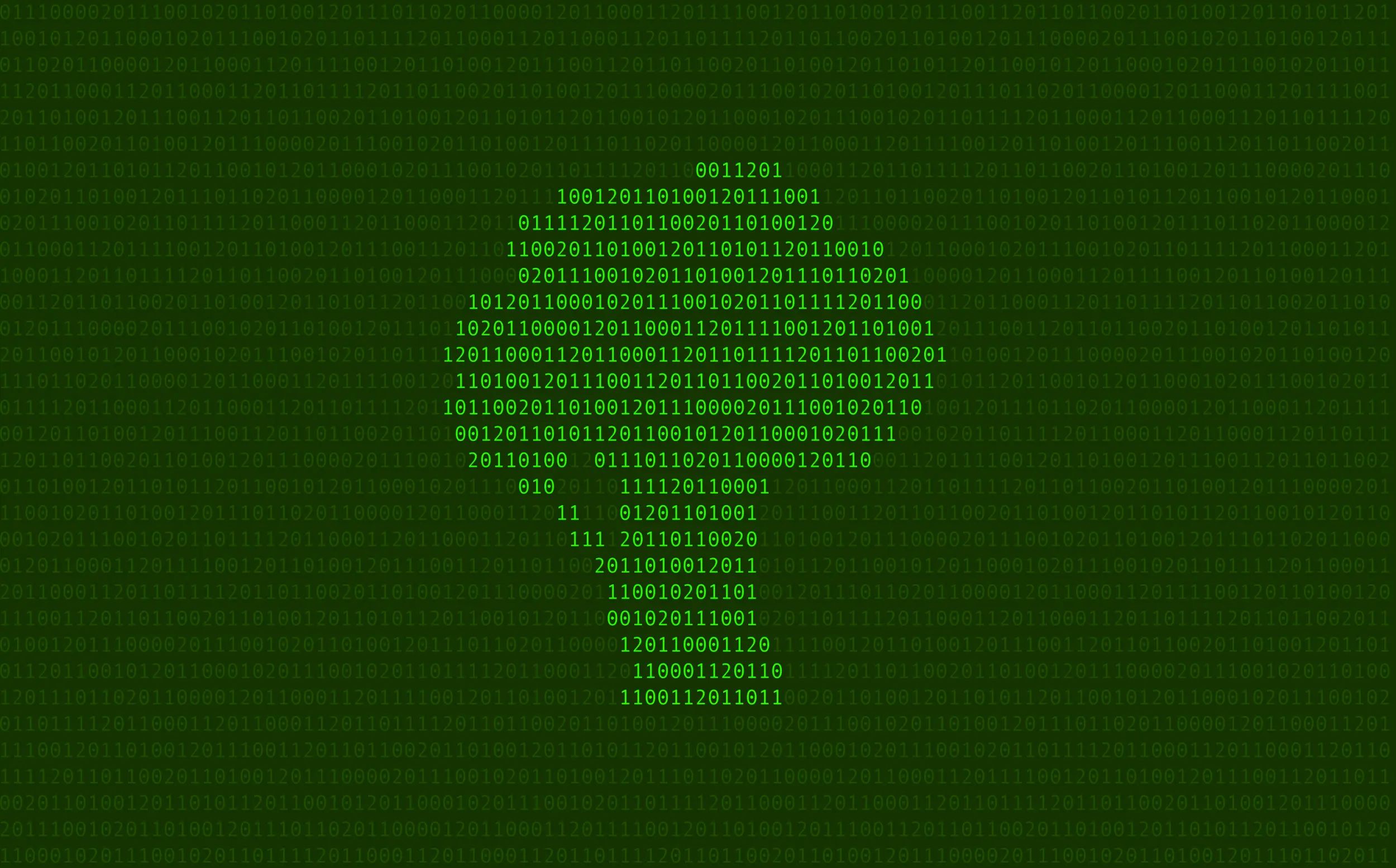Background filled with numbers from 0 to 2, representing binary code separated by the character 2. Outlined in bright green color is the shape of a piece of broccoli.