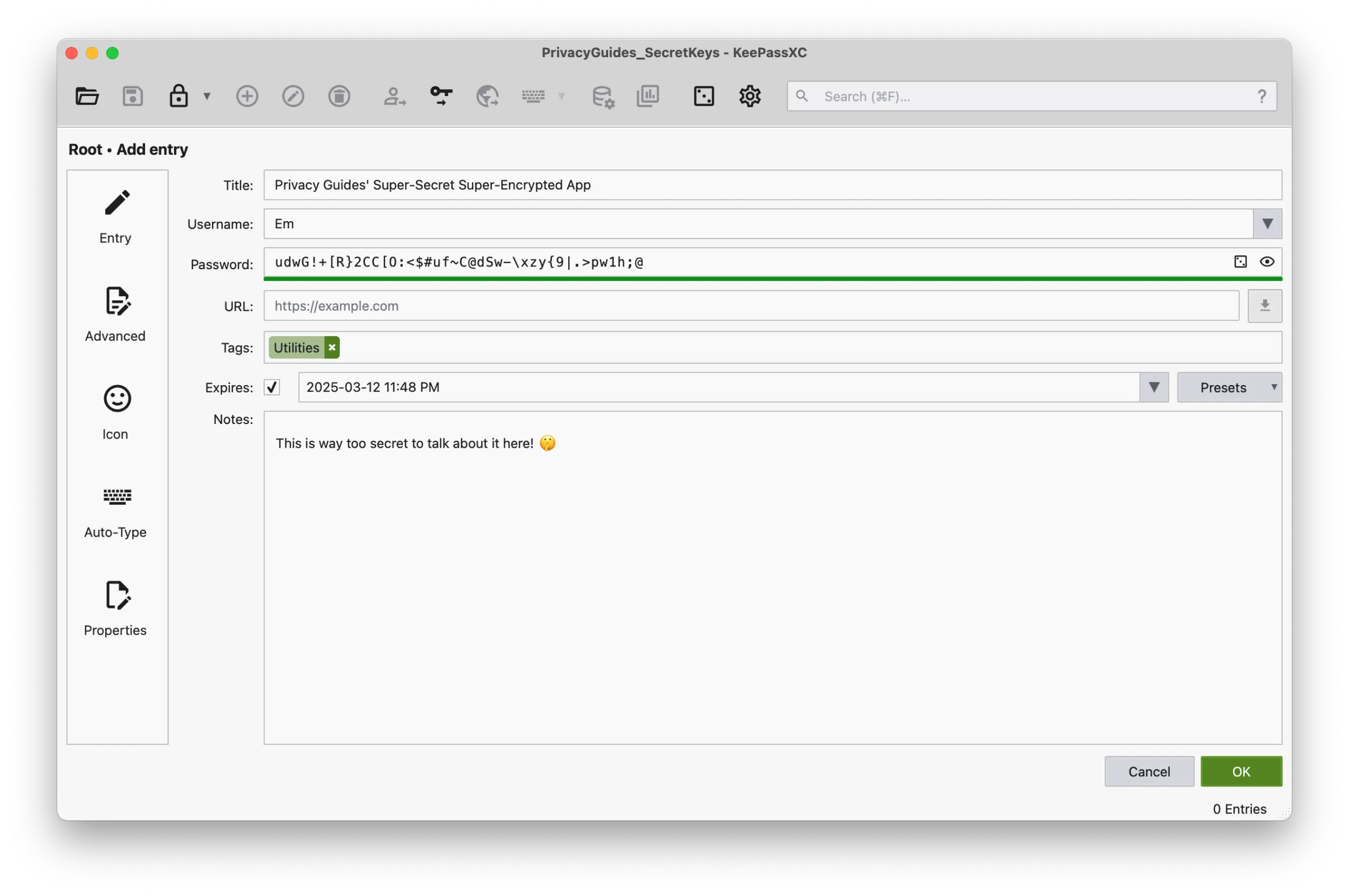 Screenshot of the KeePassXC application showing the Add entry section filled with information.