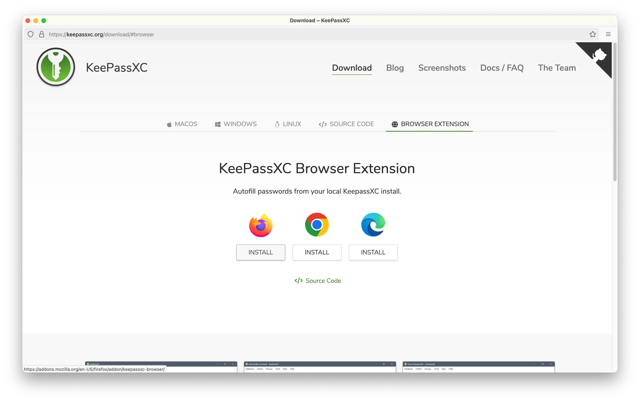 Screenshot of the KeePassXC website page to download the browser extension.