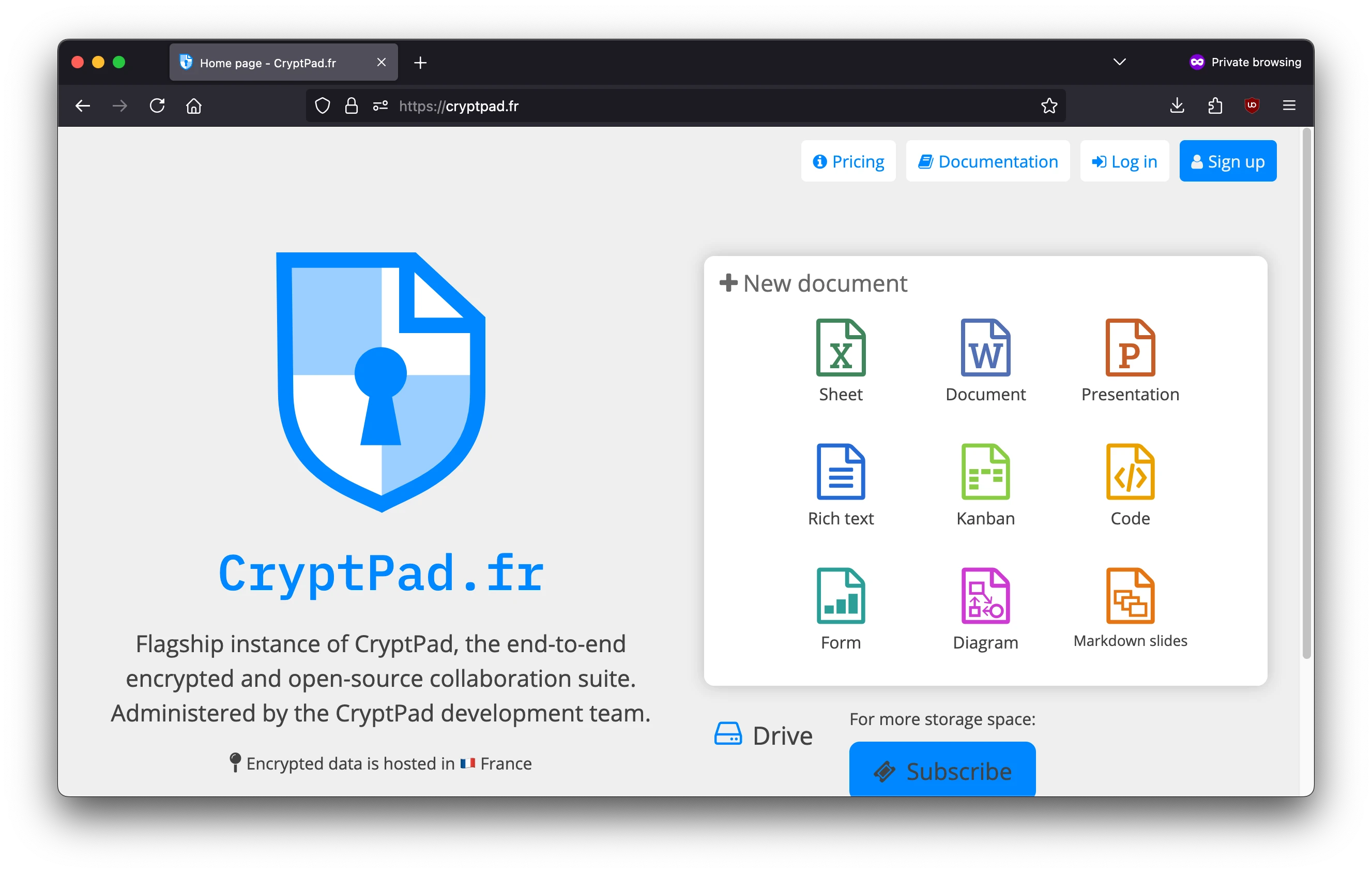 Screenshot from the CryptPad login page showing several application choices.