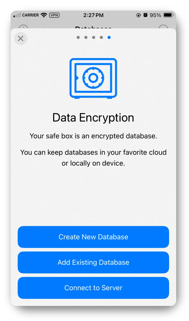 Screenshot from the iOS app showing the page giving options to either create a new database, add an existing database, or connect to a server.