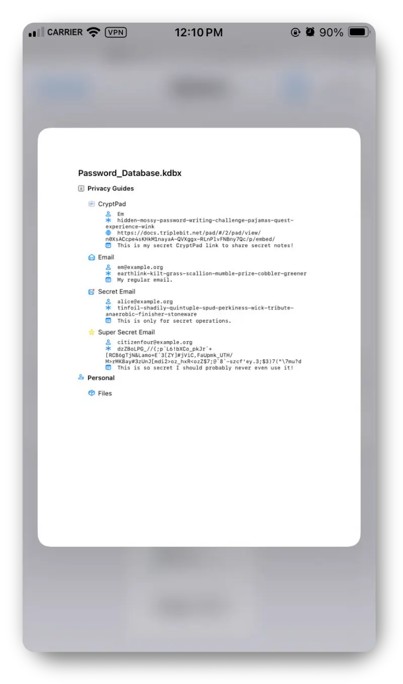 Screenshot from the iOS app showing a preview to print a database file in plain text. The file lists the database name at the top, then each group, and within each group all entries' credentials including usernames, passwords in plain text, URL, and notes.