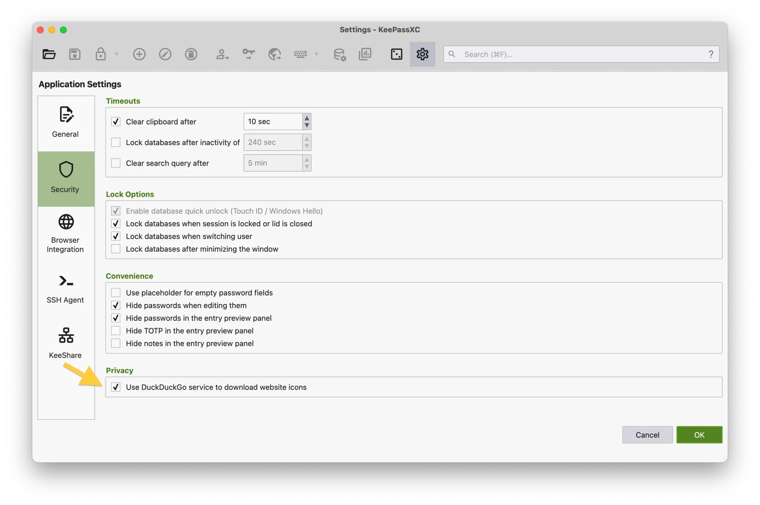 Screenshot of the KeePassXC application showing the Settings Security section with the checkbox for DuckDuckGo checked.