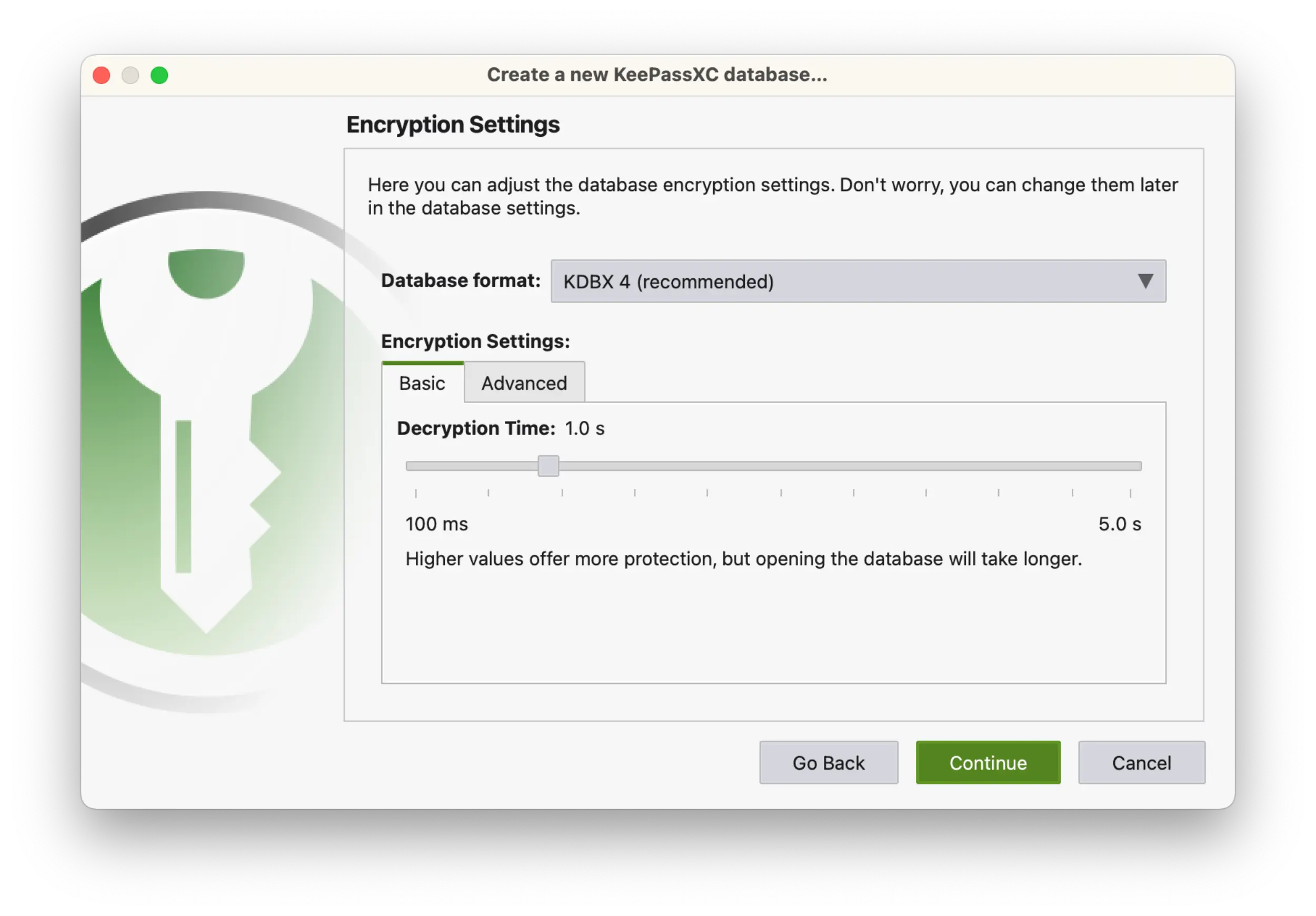 Screenshot of the KeePassXC application showing the popup to Create a new KeePassXC database in the Encryption Settings.