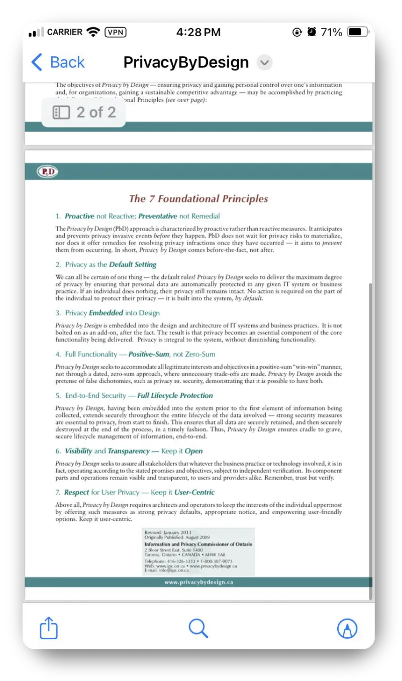 Screenshot from the iOS app showing a preview for a PDF file, in this case the document for Privacy by Design by Ann Cavoukian.