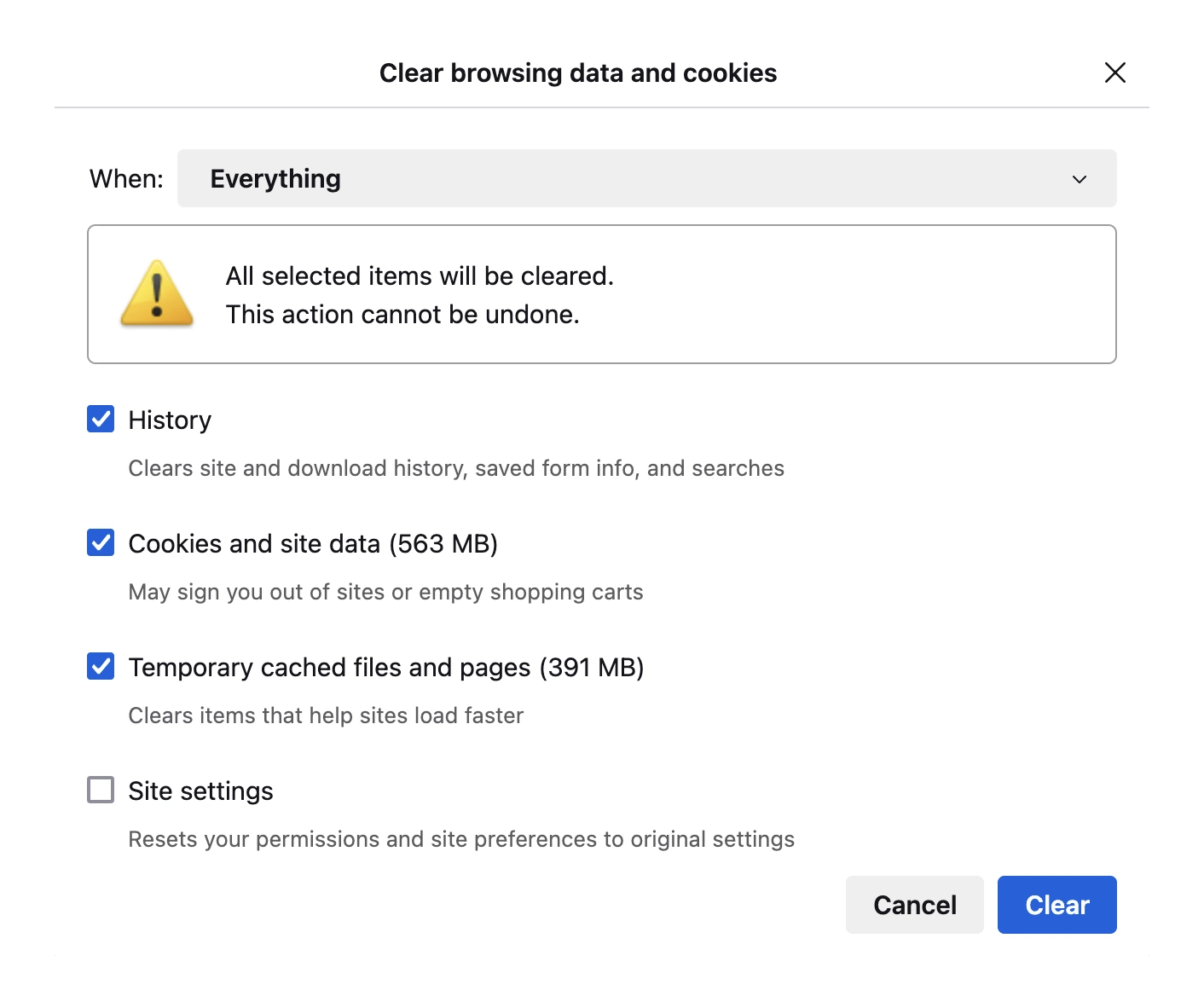 Screenshot: Firefox Settings prompt displaying browser data