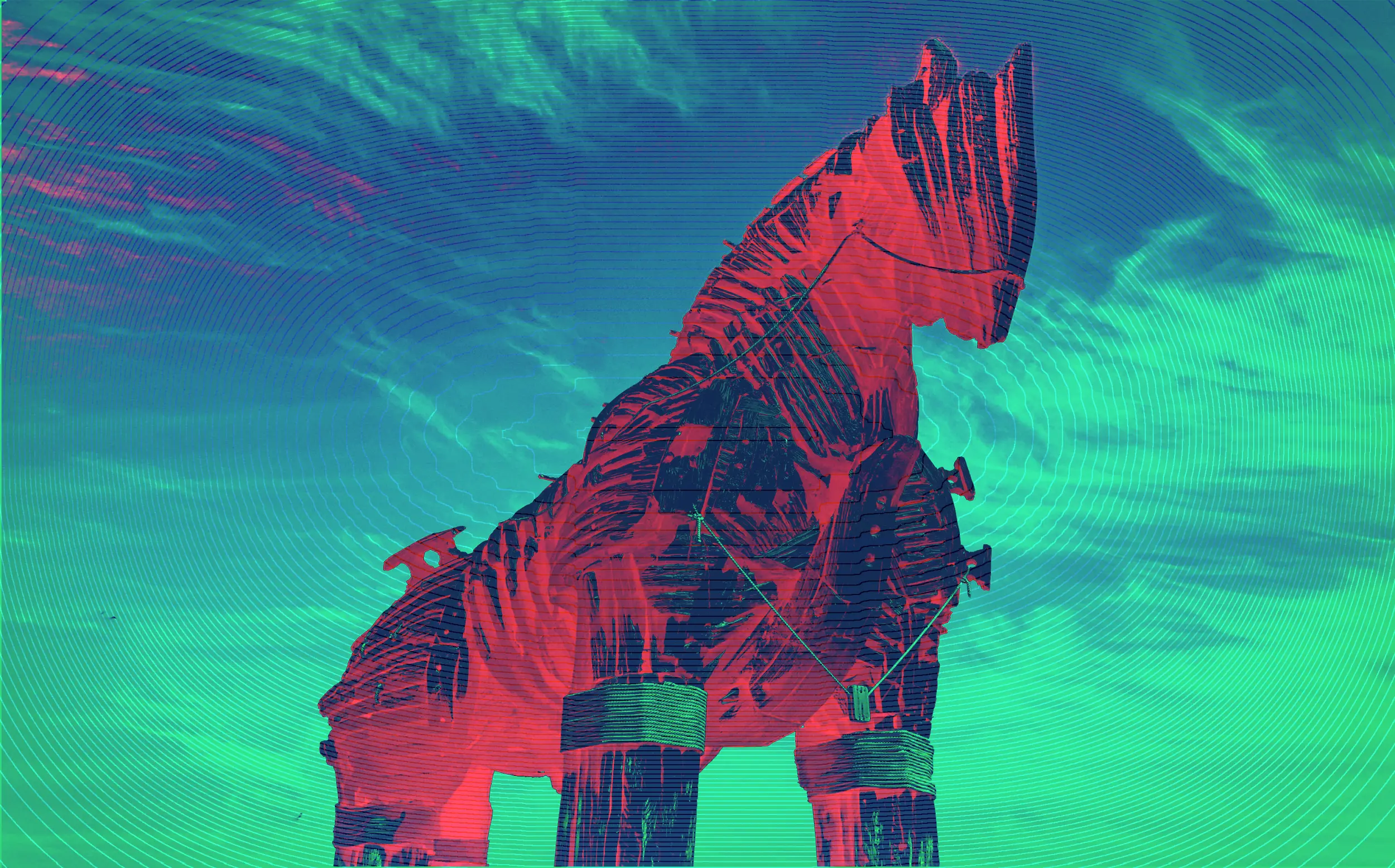 Stylized and colorized photo of a large wooden horse standing over a blue sky.