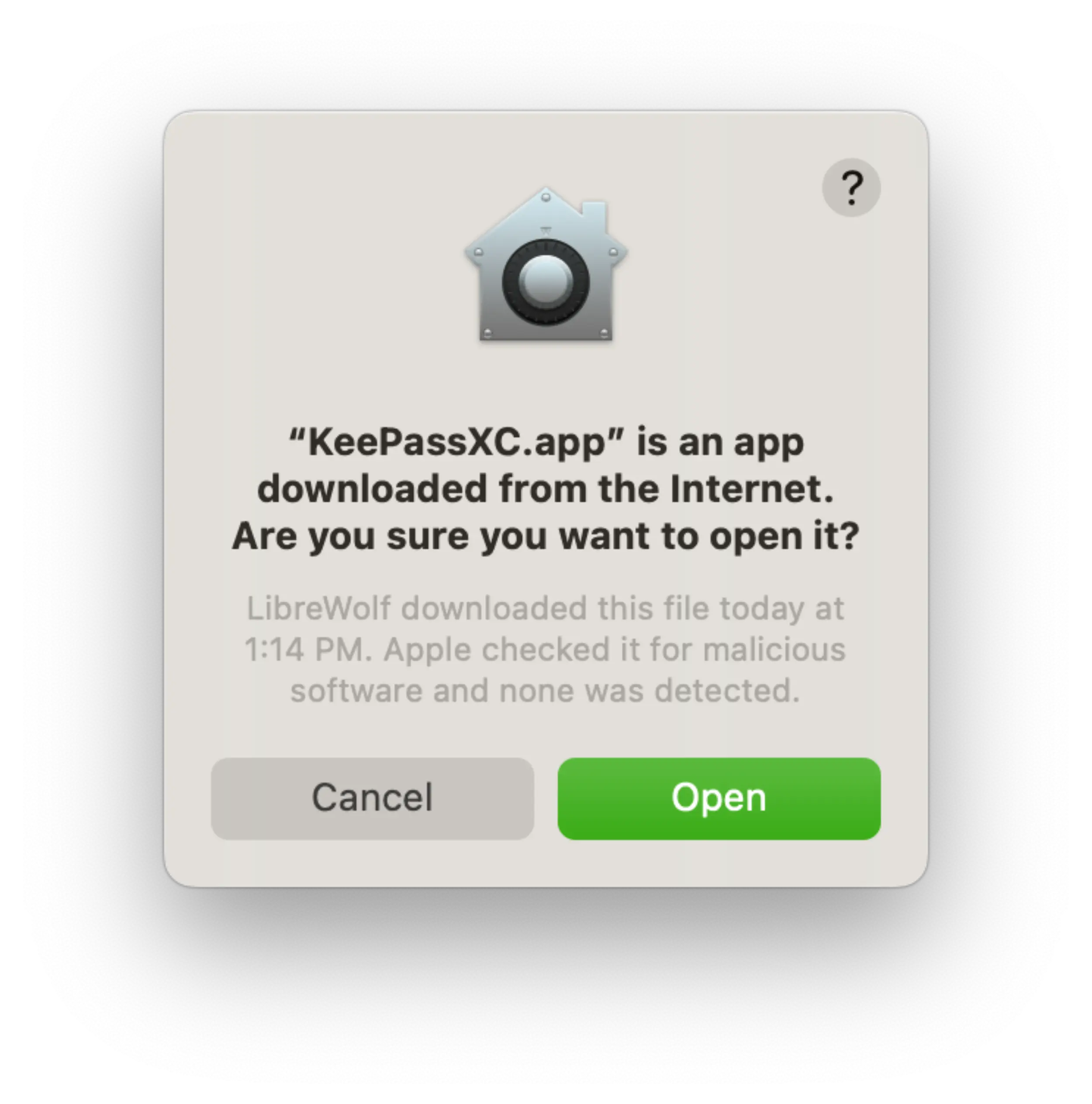 Screenshot of a macOS warning popup before opening an application that was downloaded from the Internet.