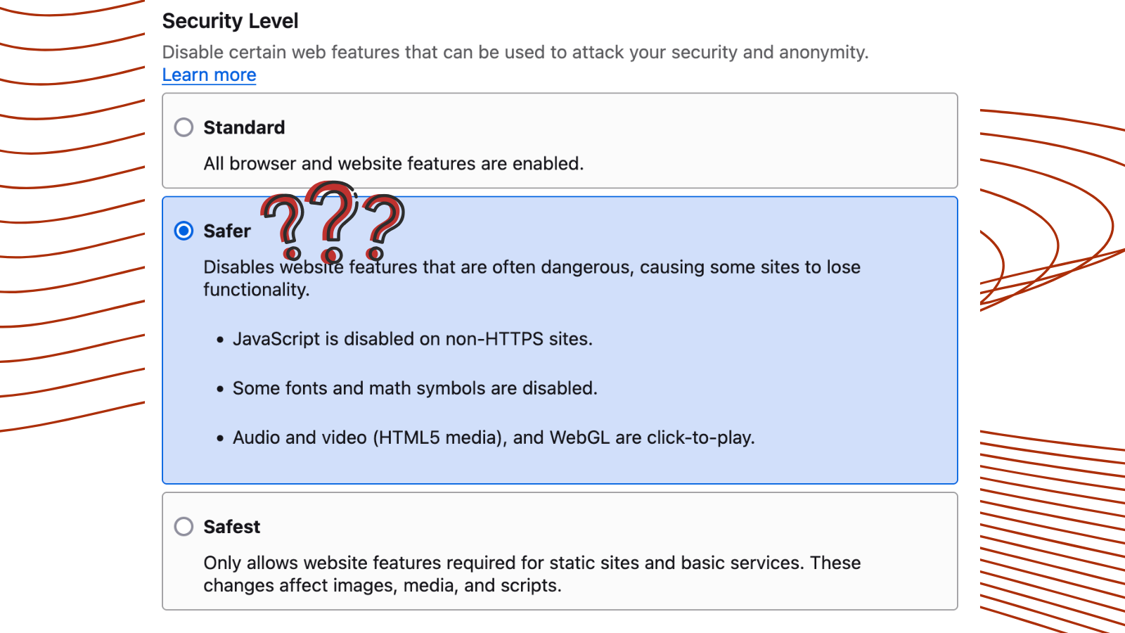 Illustration showing Tor's security level options with question marks next to the selected Safer level