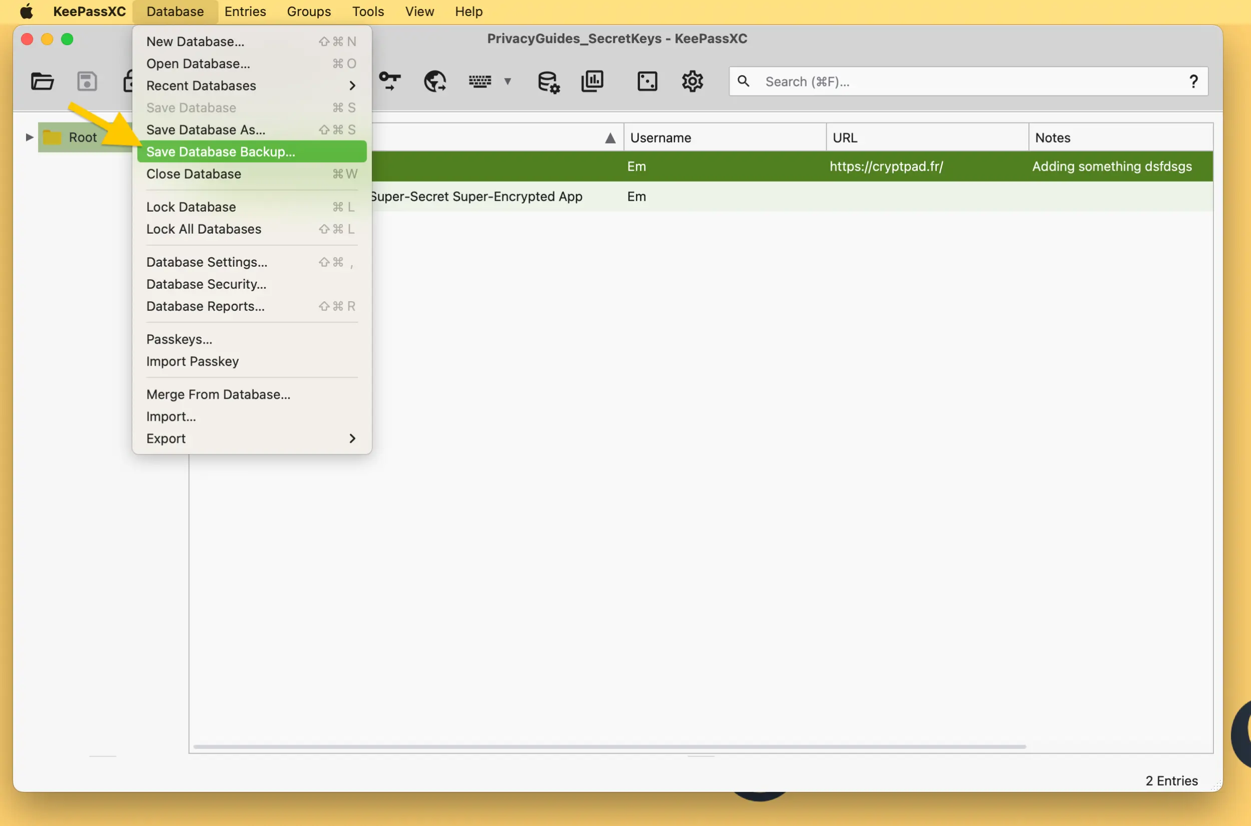 Screenshot of the KeePassXC application showing the application menu with the Database dropdown menu rolled down and the Save Database Backup option selected.