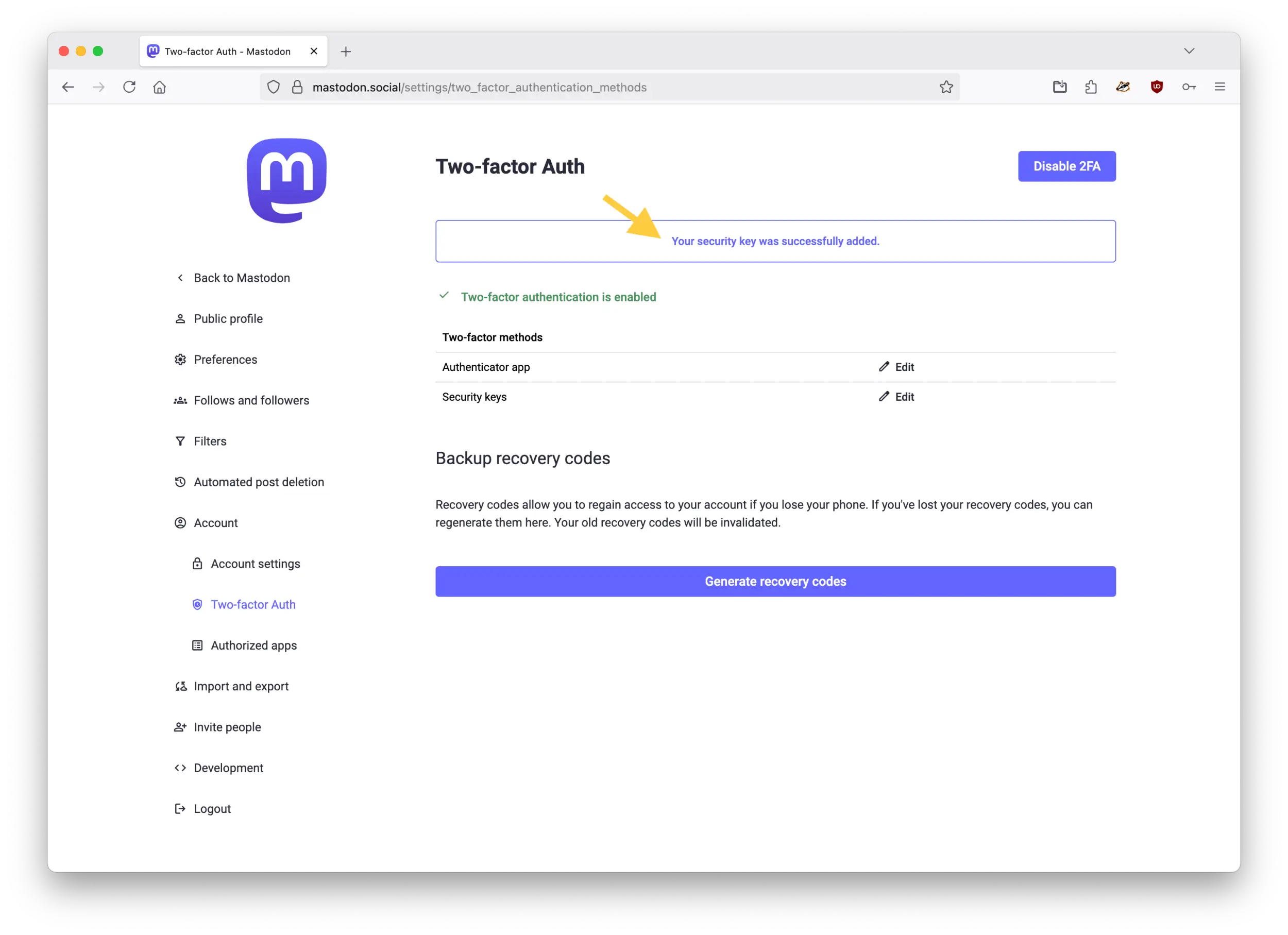 Screenshot of the Mastodon web interface showing the Two-factor Auth page in Preferences. The page displays a confirmation message and options to "Edit" both two-factor methods.