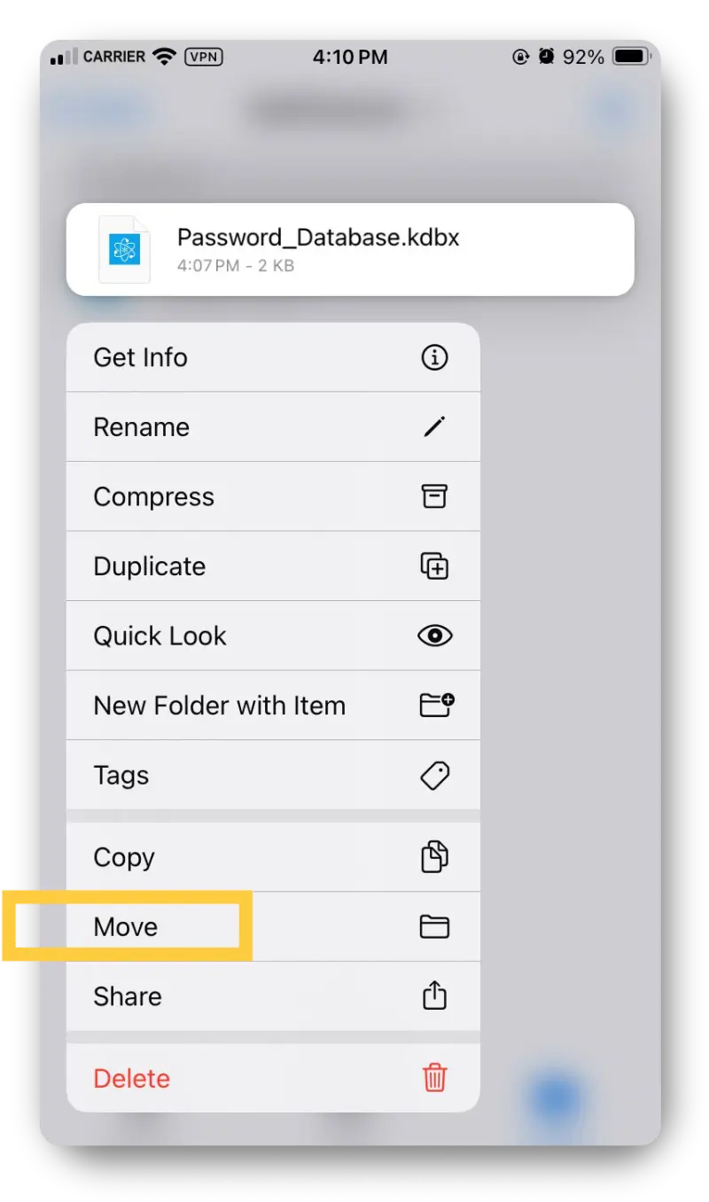 Screenshot from the iOS Files showing the menu from a long-press over the local database file with the option to "Move" the file circled.