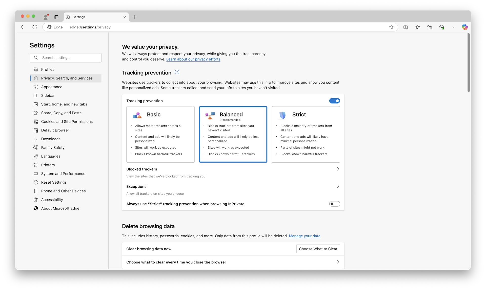 Screenshot: Edge Settings