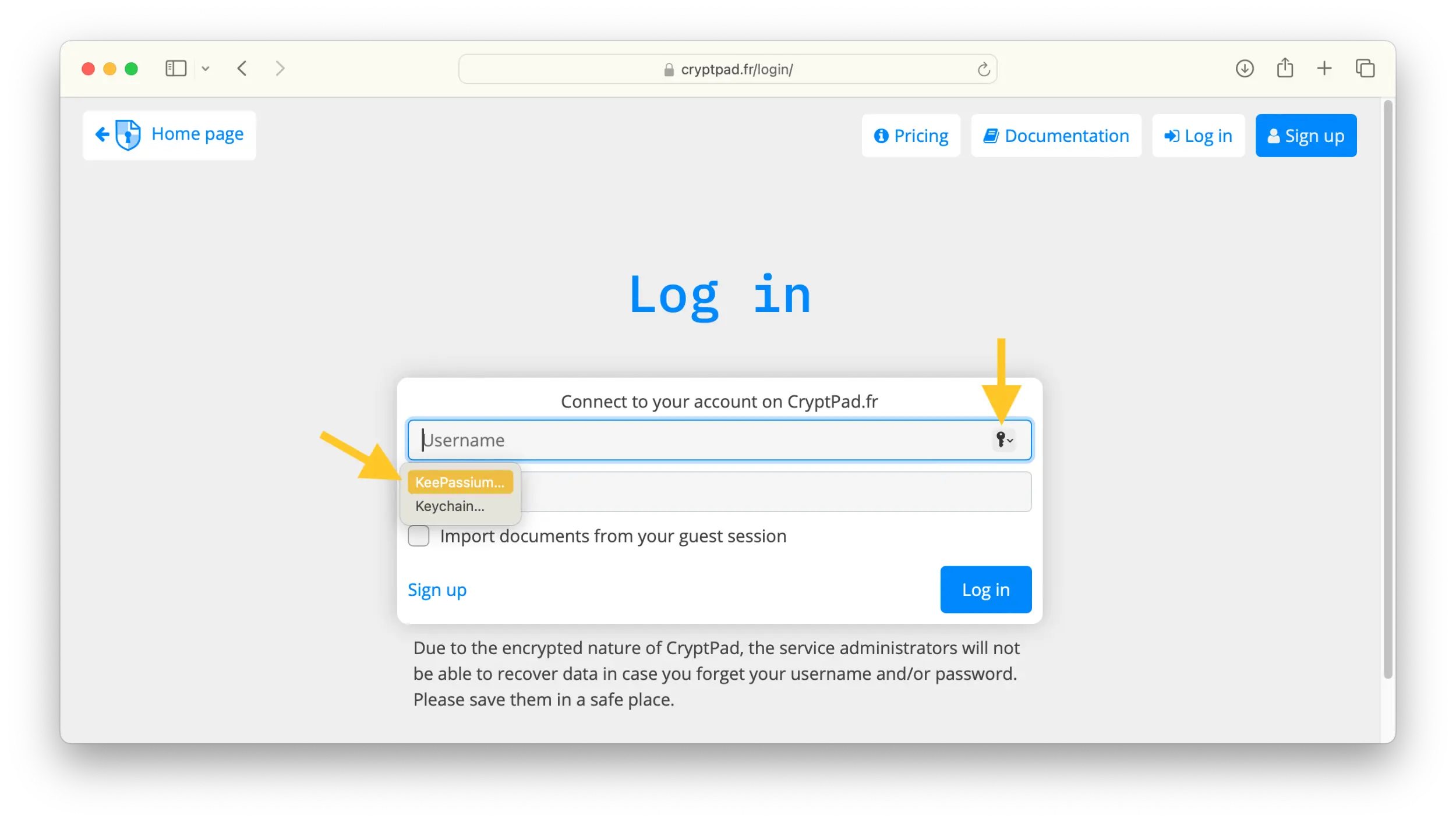 Screenshot from Safari showing the cryptpad.fr login page and a key icon on the right of the Username empty field, with the option on the left to select either KeePassium or Keychain to fill the credentials.