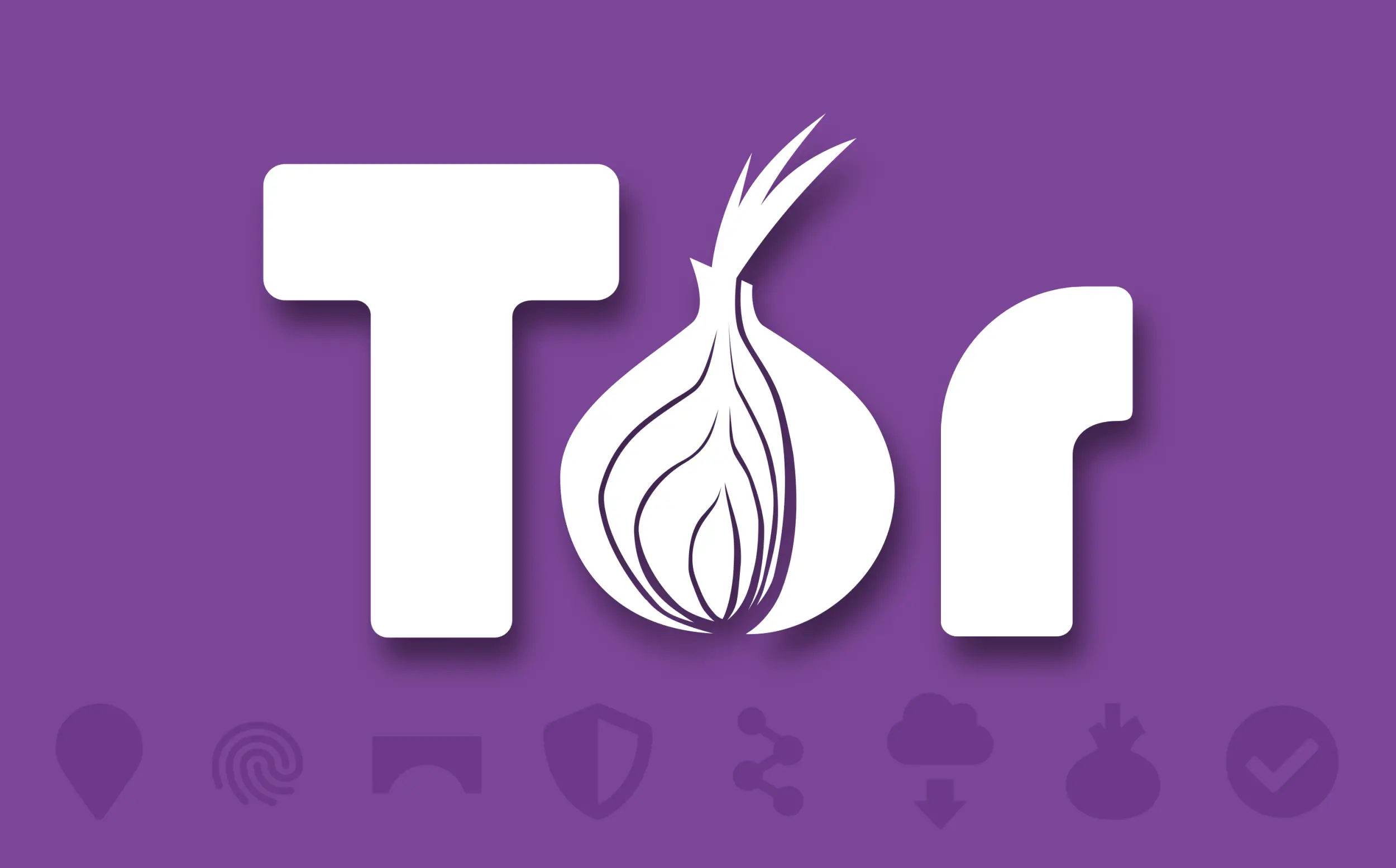 The Tor Project logo over a series of Tor icons on a purple background.