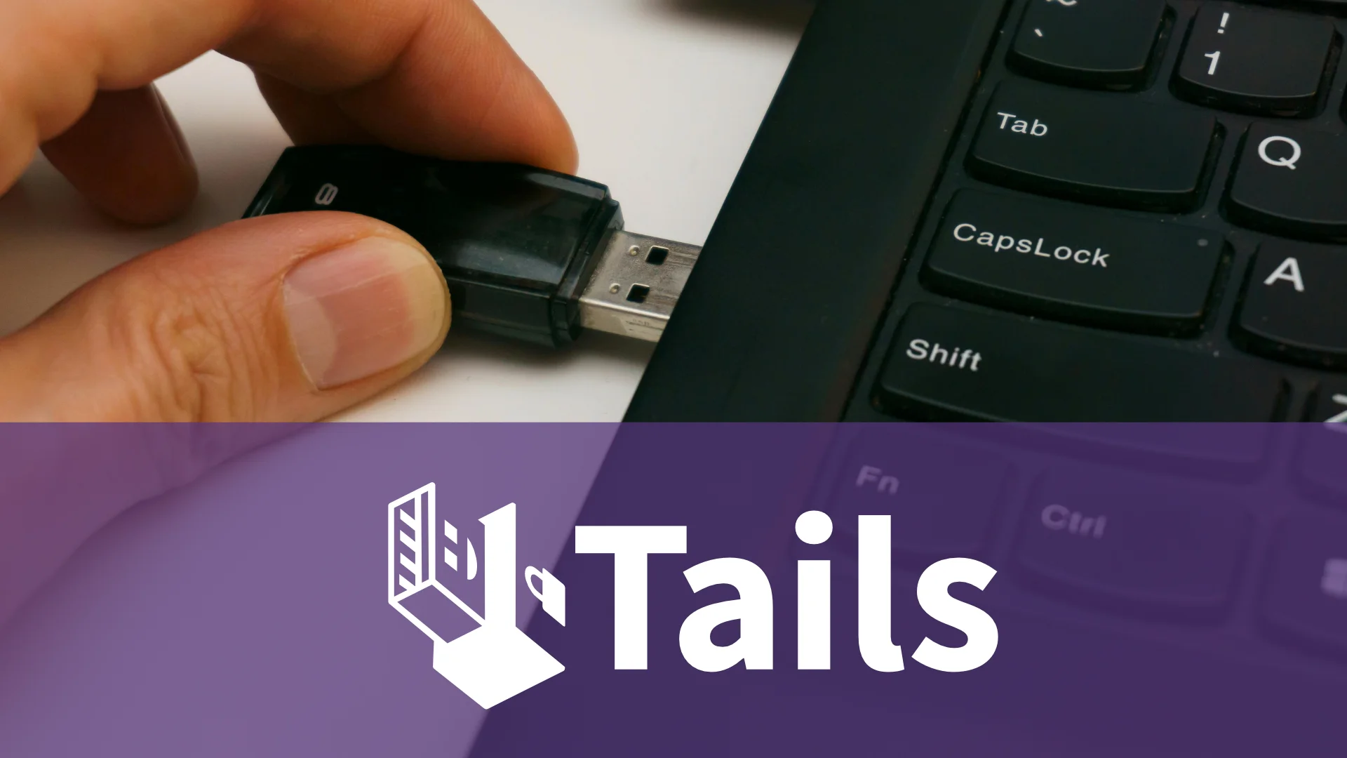 Photo of a hand plugging a USB stick into a laptop and the Tails logo under it.