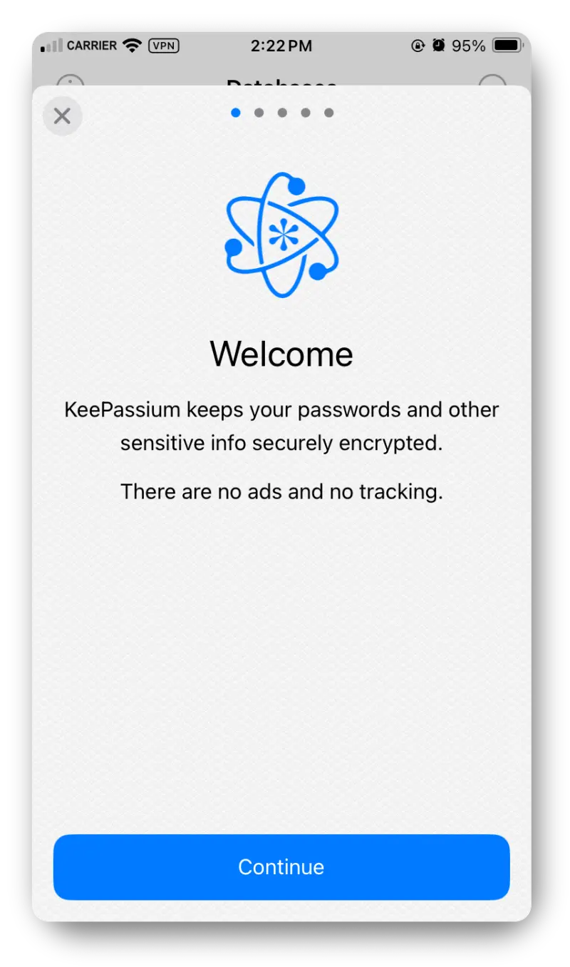 Screenshot from the iOS app showing the Welcome page after installation.