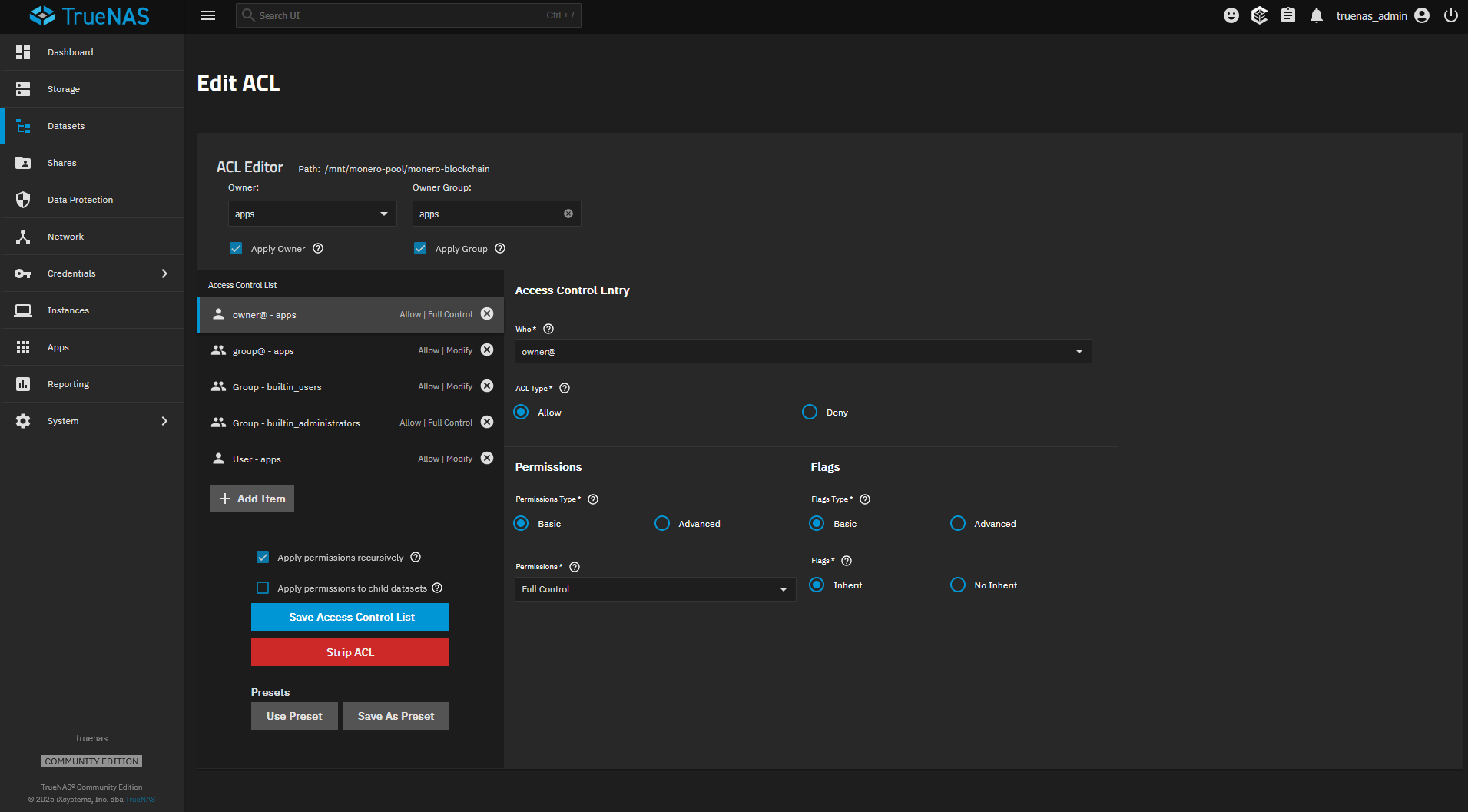 Screenshot showing the ACL settings for monero-blockchain