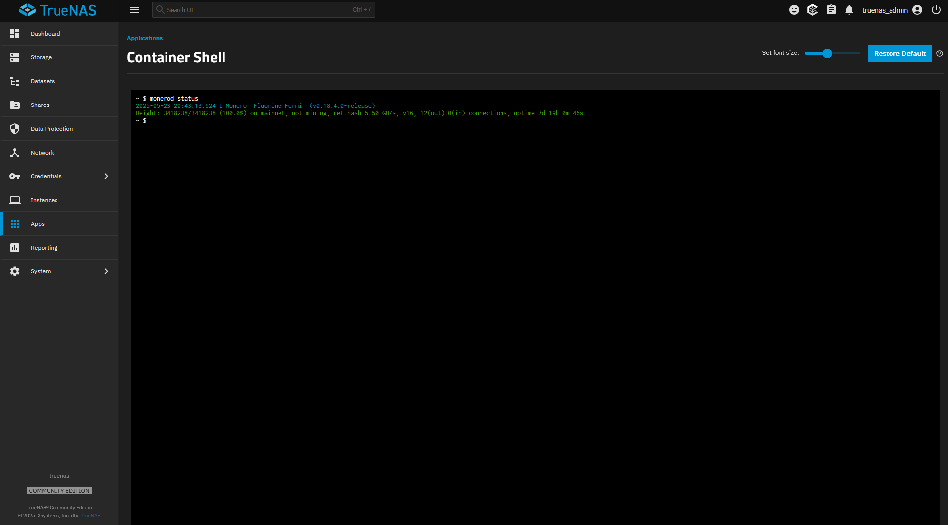 Screenshot showing the Monero Node sync status command