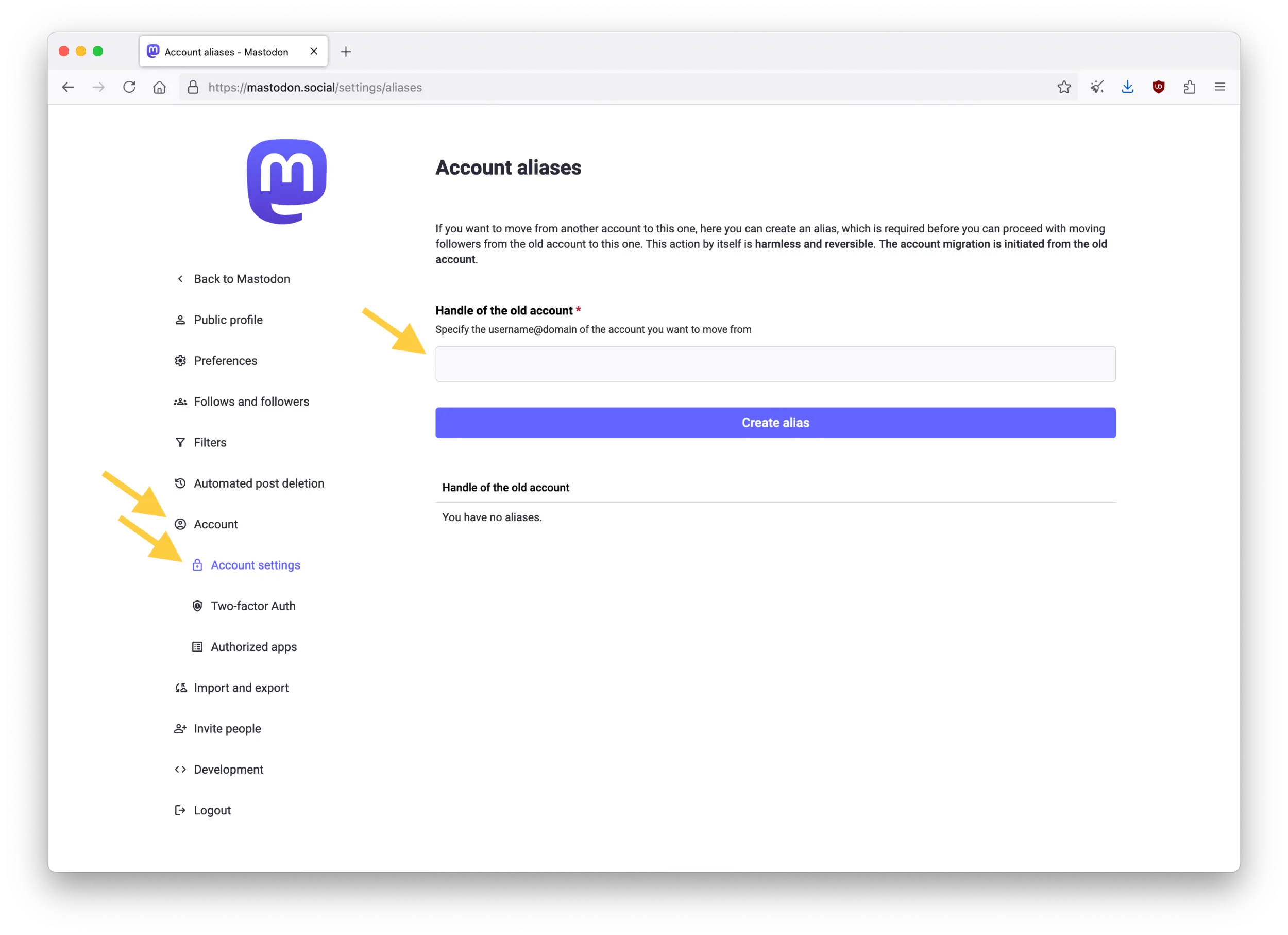 Screenshot of the Mastodon web interface showing the Account aliases page in Preferences, from the "Moving from a different account" link on the Account settings page.