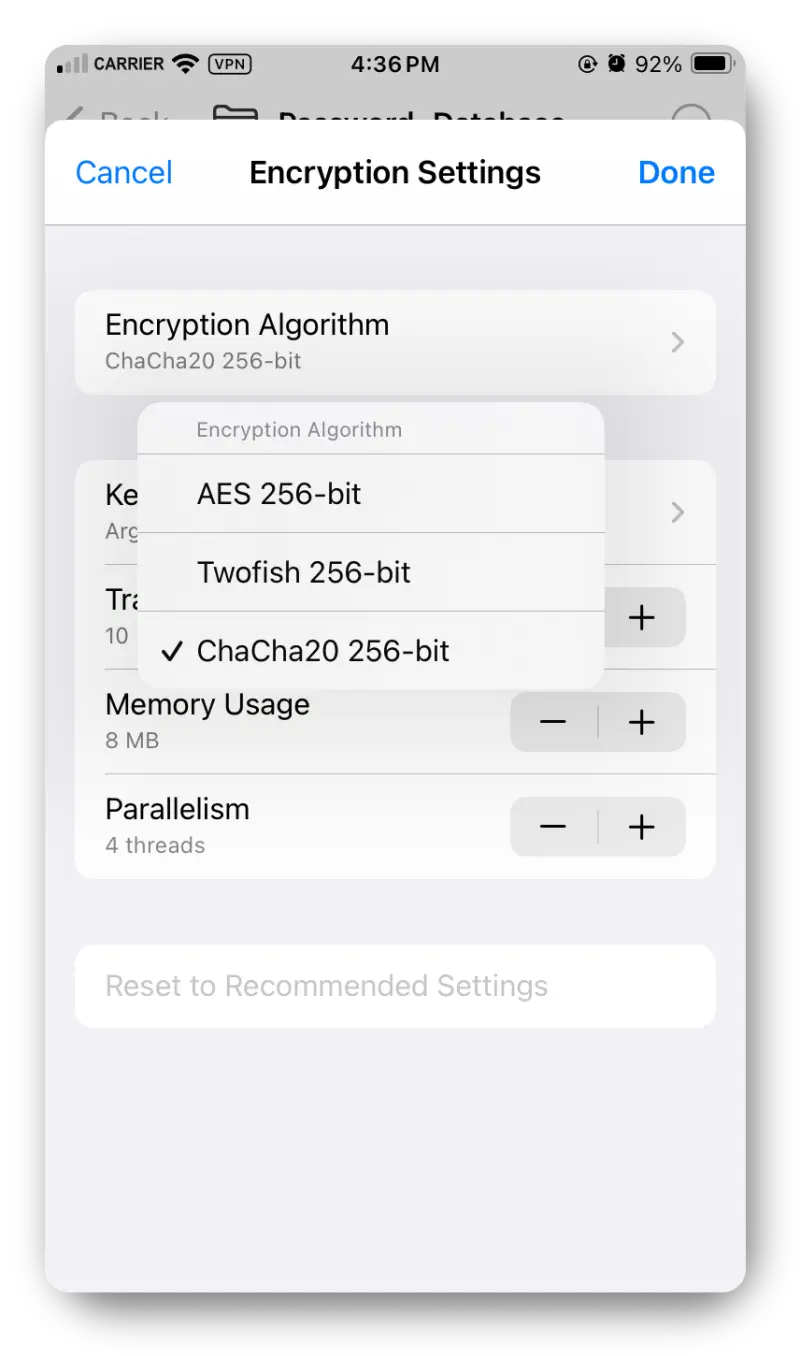 Screenshot from the iOS app showing the Encryption Settings.