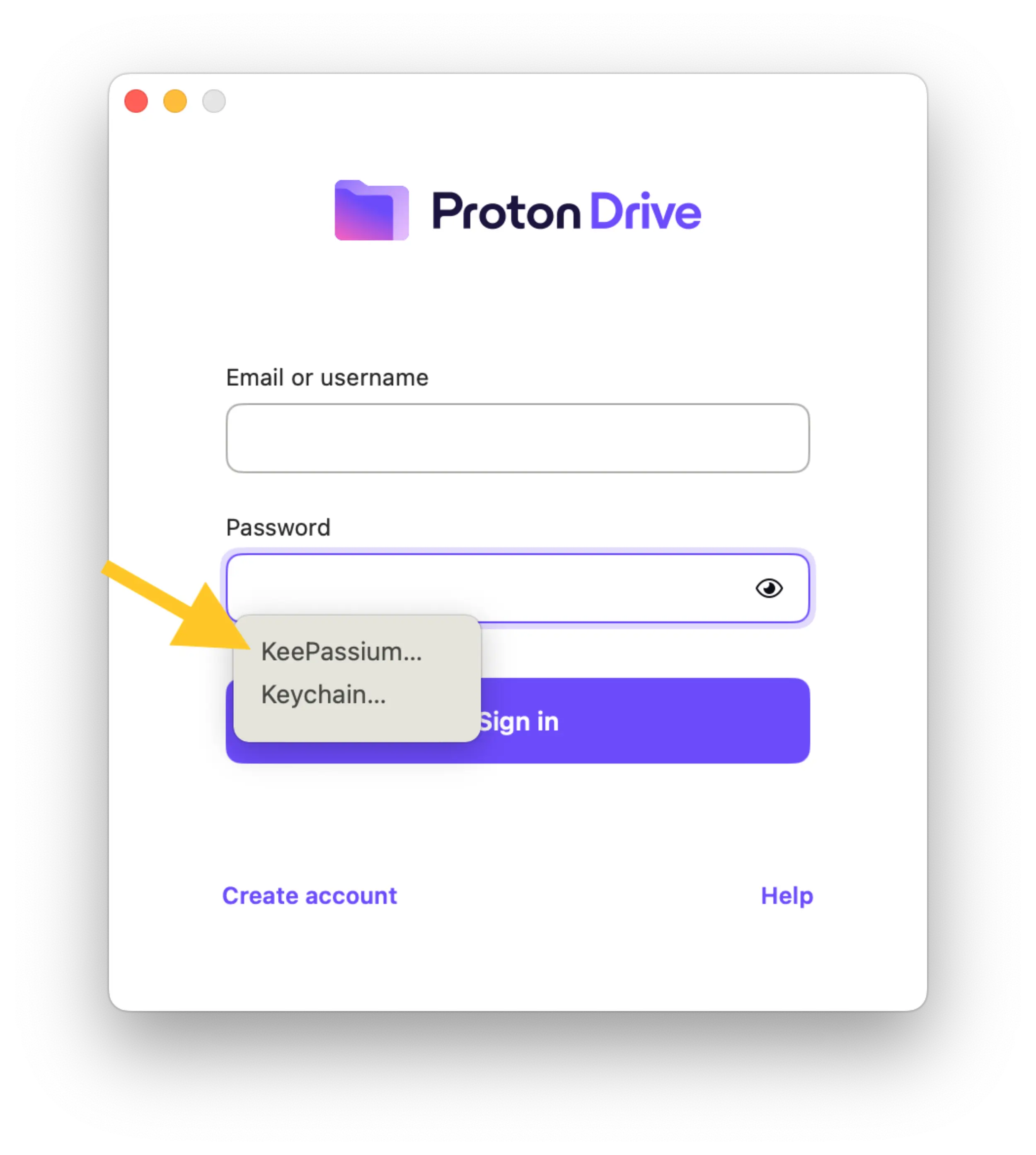 Screenshot from the ProtonDrive login popup in macOS showing a menu over the Password field to select either KeePassium or Keychain to fill the credentials.