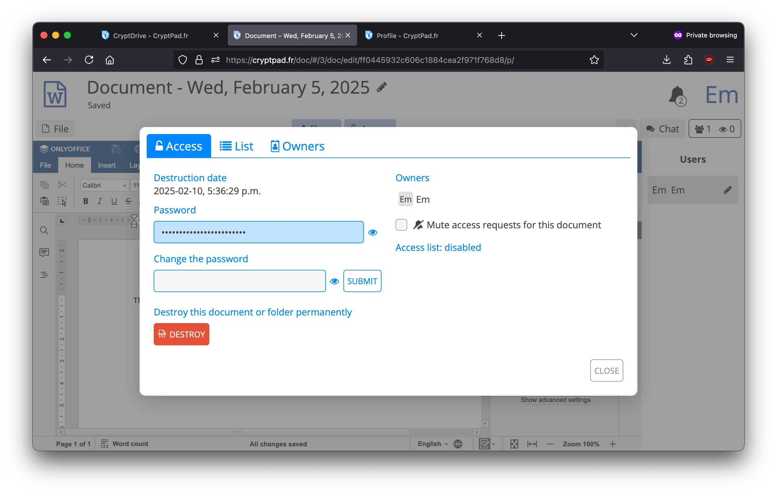 Screenshot from a CryptPad document page showing the "destroy document" option.