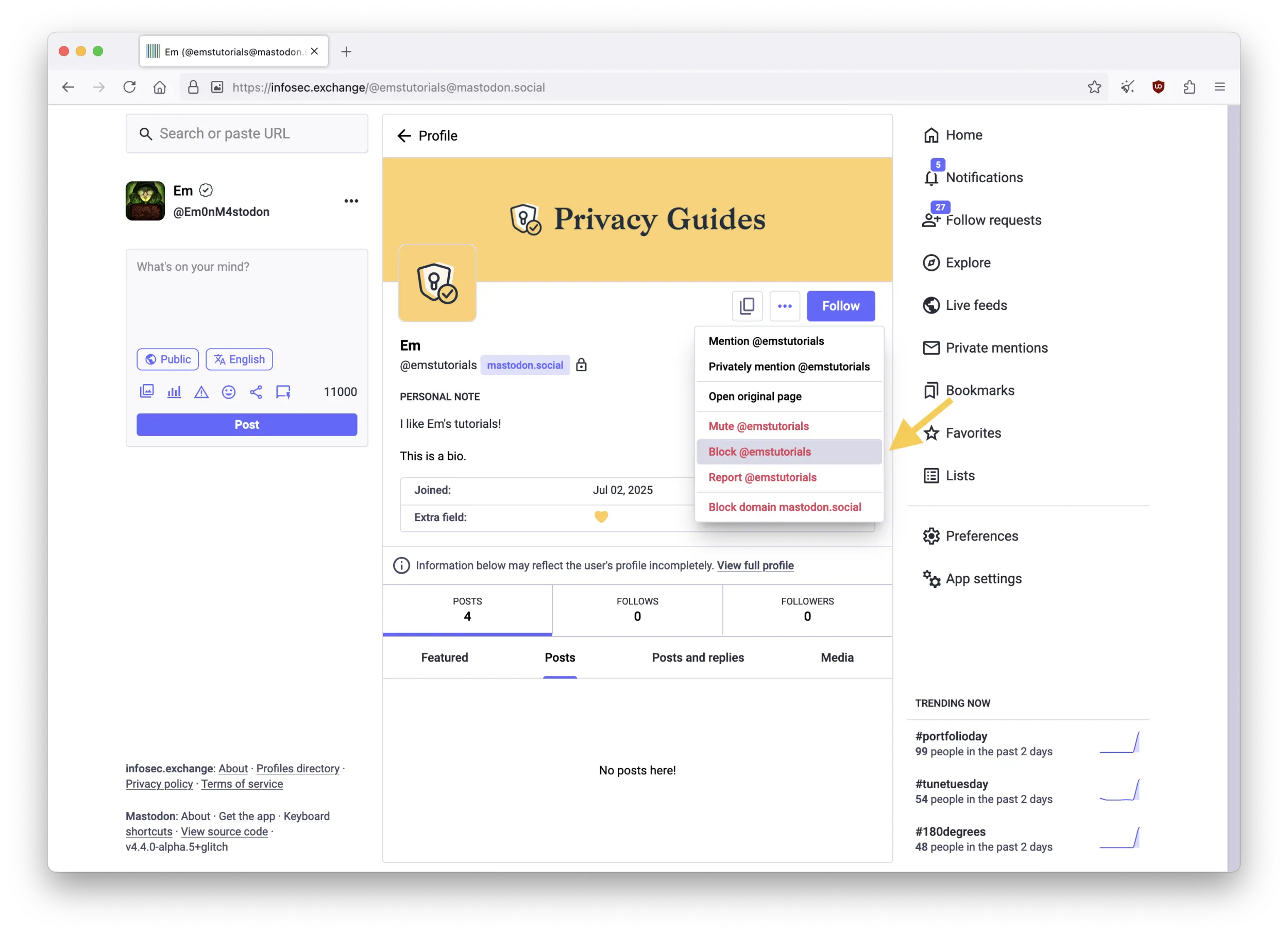 Screenshot of the Mastodon web interface showing a user's profile page viewed from within a logged-in user interface. A yellow arrow points at the drop-menu from the profile page's "Menu" button, with the selection to Block that user.