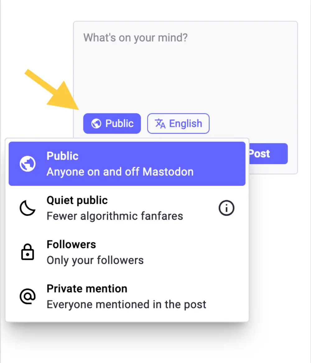 Screenshot of the Mastodon web interface showing the post composition window. The image shows the drop-menu from the "Change post privacy" button, with four different post visibility options.