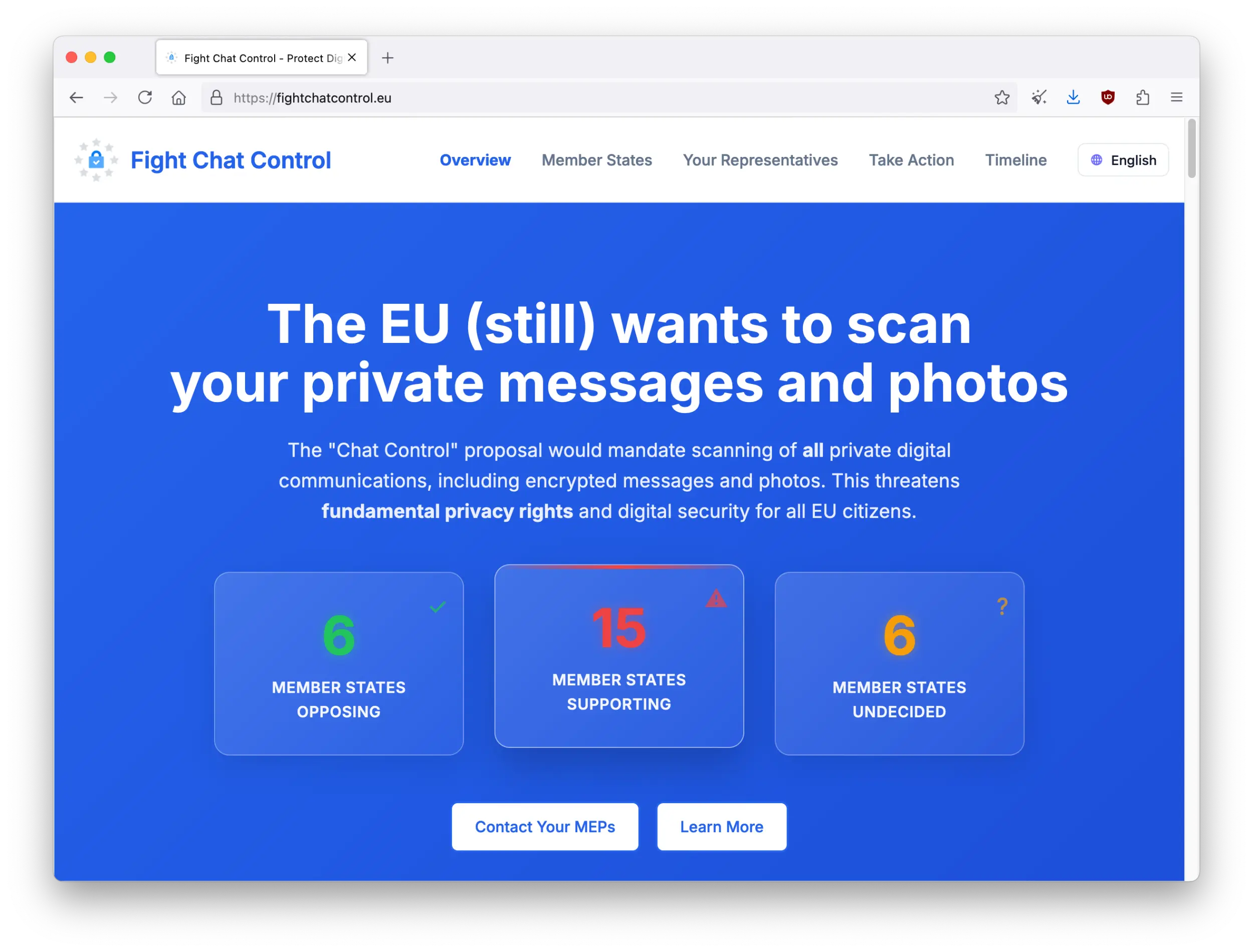 Screenshot of the Fight Chat Control website in a browser.