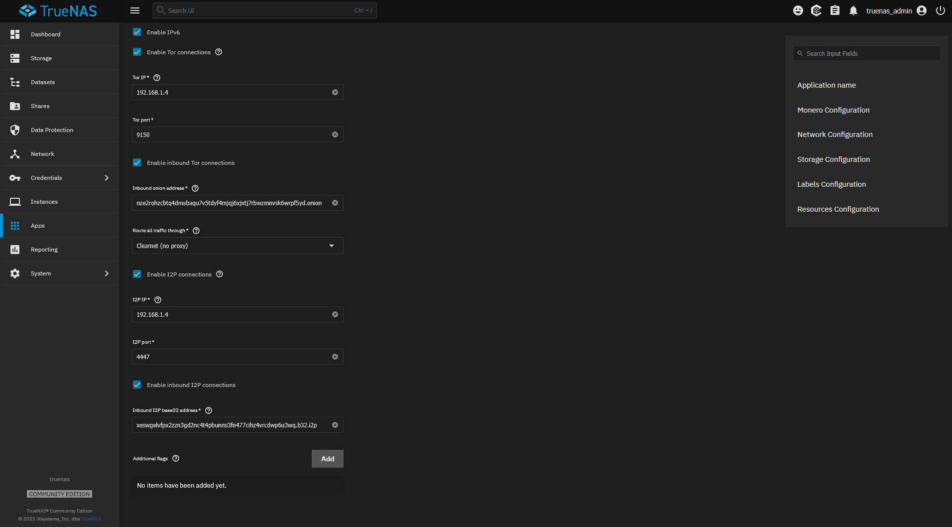 Screenshot showing the Monero Node install settings