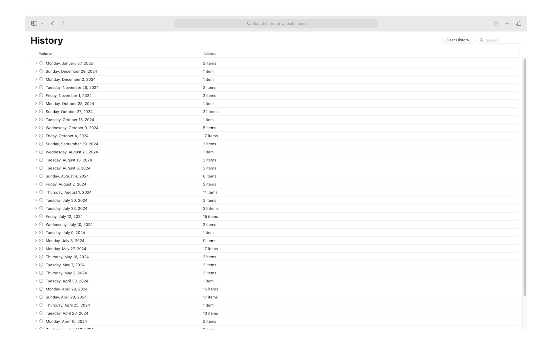 Screenshot: History Panel in Safari