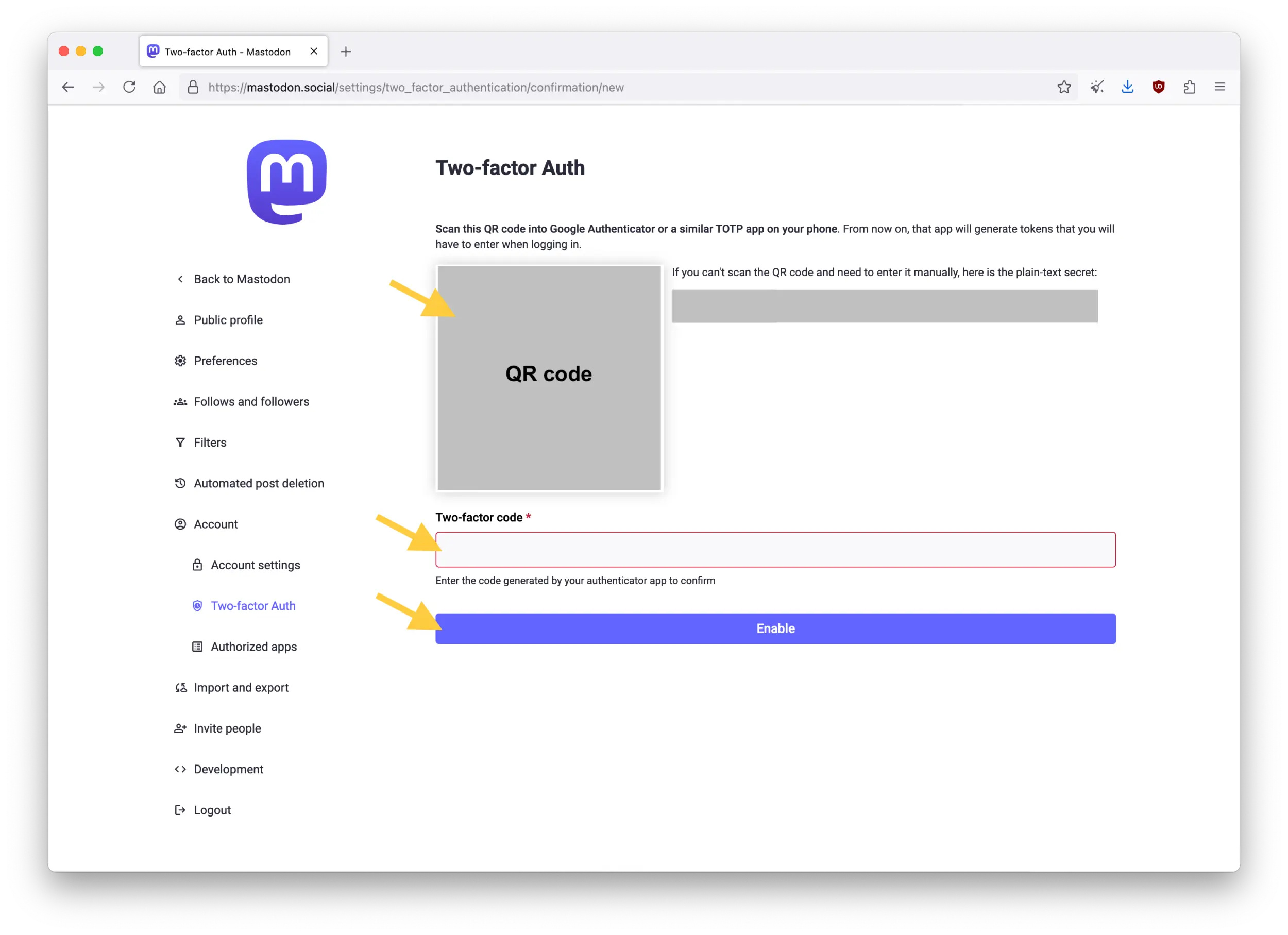 Screenshot of the Mastodon web interface showing the Two-factor Auth page in Preferences. This shows a QR code to scan or a plain-text secret to register a code for an authenticator app.