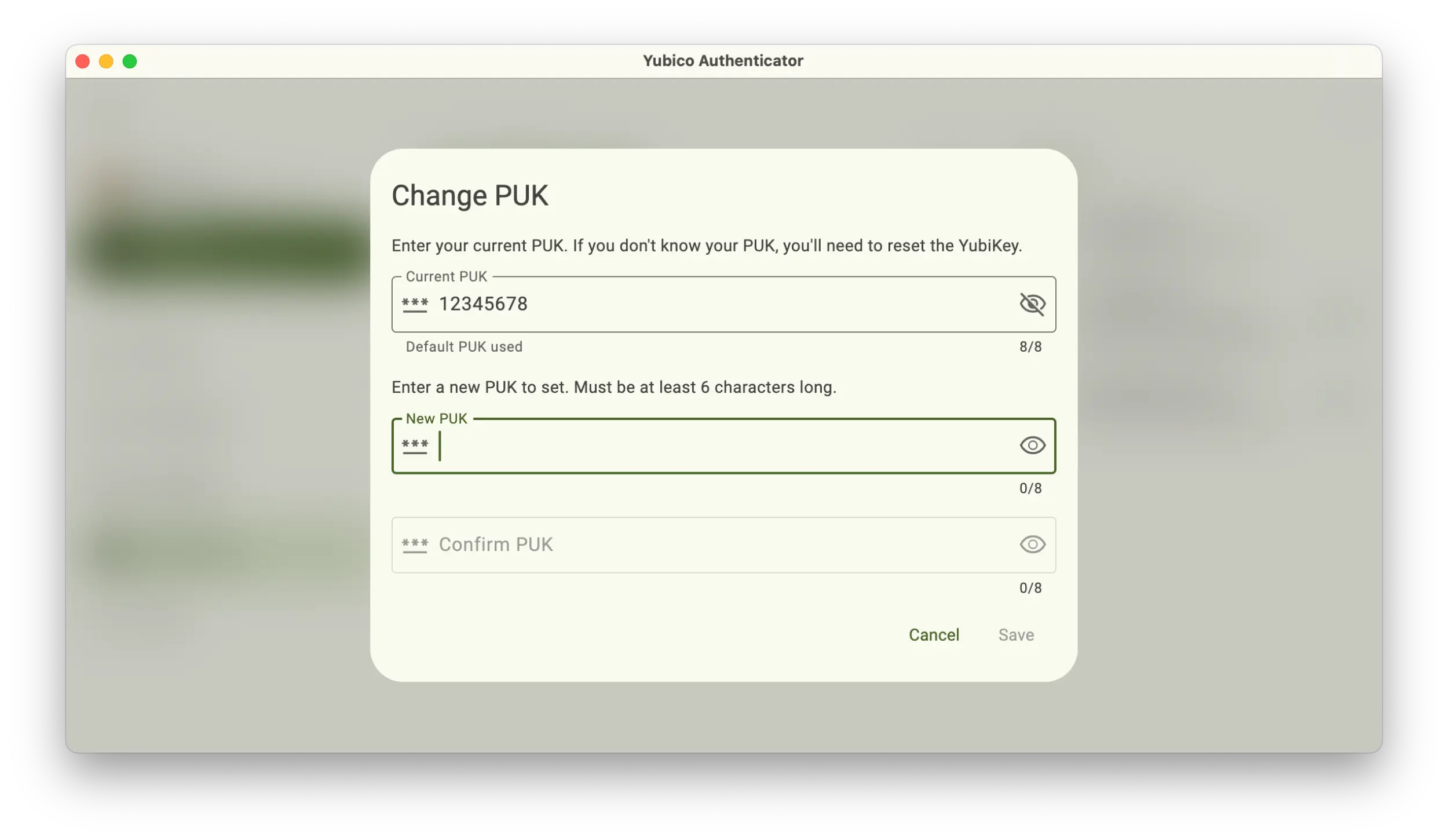 Screenshot of the Yubico Authenticator application showing a Change PUK popup.